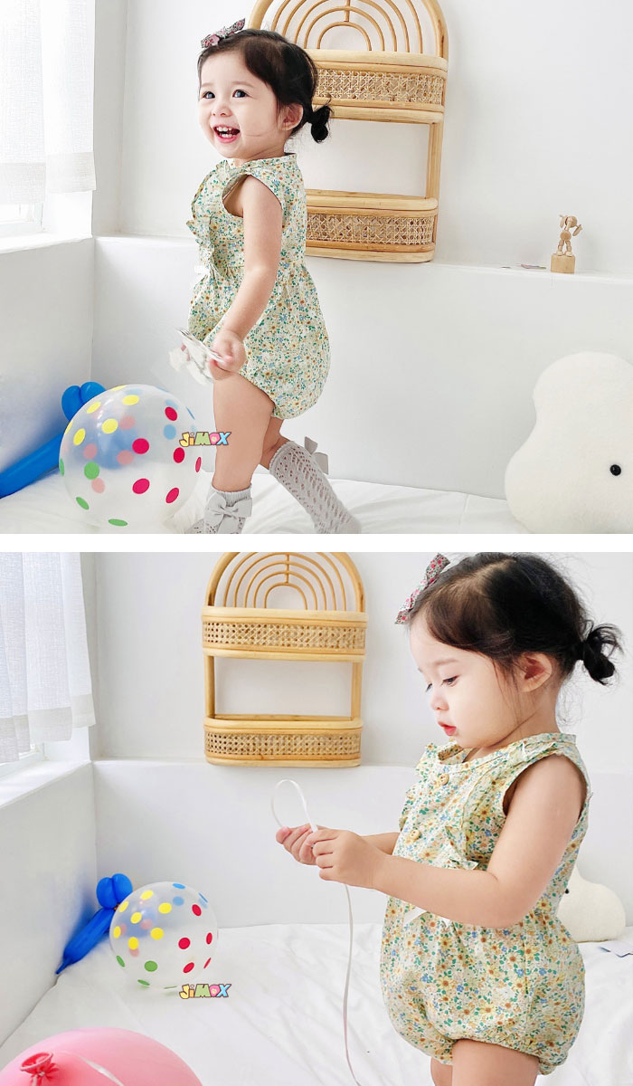【即納】90cm ロンパース　ベビーオールインワン　花柄　フラワー　襟フレア　シン...