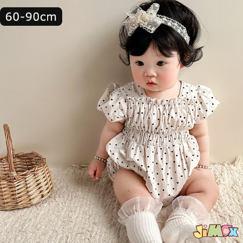 60cm/70cm/80cm/90cm「メール便送料無料」ベビー服　ロンパース　女の子　水玉柄　四角襟　半袖　夏　女の子　女の子らしい夏服　可愛い　シンプル 出産準備 お宮参り 月齢フォト　出産祝い　退院　夏　ベビーオールインワン　通園　子供服　韓国子供服　シワ　皺