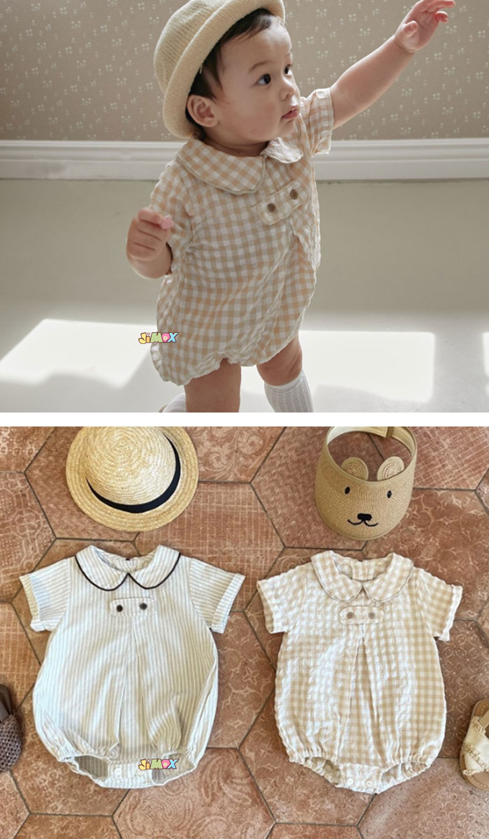 【即納】60cm/70cm/80cm/90cm ベビー服　ロンパース　半袖　ボーダー　チェック　...
