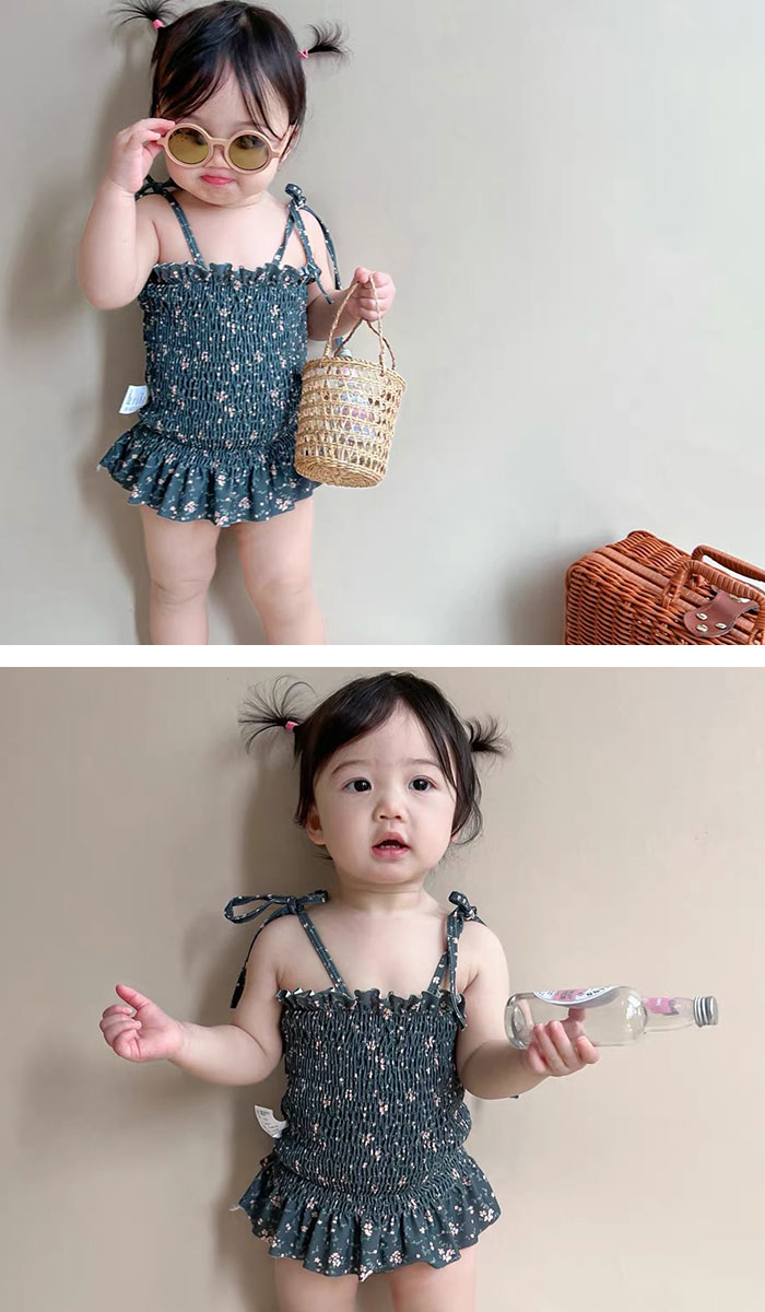 70cm/80cm/90cmベビー水着　ガールズ水着 ベビー水着　赤ちゃんの水着　2点セット　花柄　キャミ　女の子　水着　女子　子ども水着　キッズ水着　子供服 キッズ 女の子 水着　プールグッズ 女子 女児 子供　スイムキャップ　セパレート 3