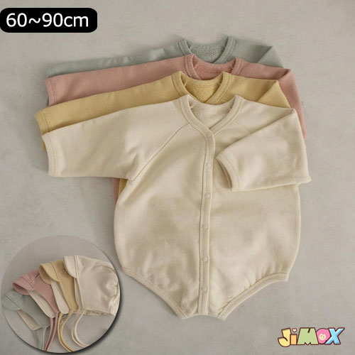 【即納】 70cm/80cm/90cm「メール便送料無料」 ベビー服　ベビーロンパース　スウェット　パーカー風ロンパース　オールインワン　ふわふわ　男の子　女の子　シンプル　無地　出産祝い　退院　春秋　ベビーオールインワン　ボンネットつき 新生児　北欧風