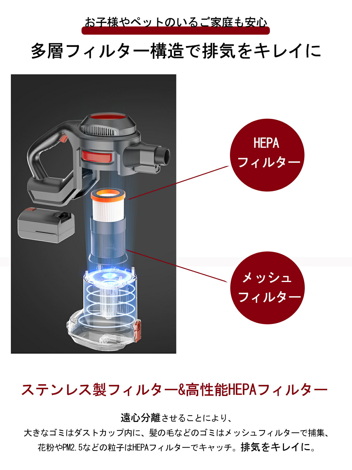 コードレス掃除機30分連続稼働12000Pa強力吸引多重ろ過システム静電気防止着amp;#33067;式バッテリー長さ調節パイプLED付き床ブラシたたみ絨毯対応白壁掛け収納E3GeeMo
