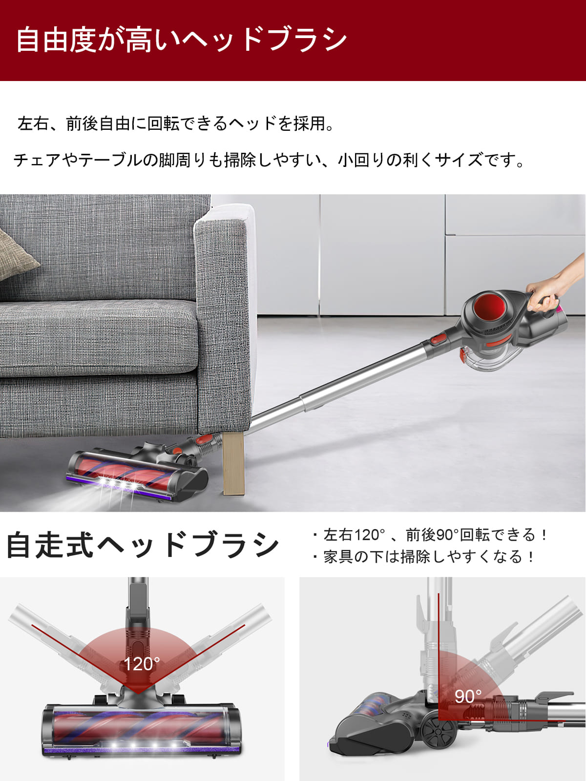 時間限定25%OFFコードレス掃除機サイクロン120Wハイパワー強力吸引30分連続使用強弱切替着脱式電池自走式ヘッドブラシ四層濾過システムフィルター水洗い可能伸縮型パイプ充電式掃除機そうじきX6