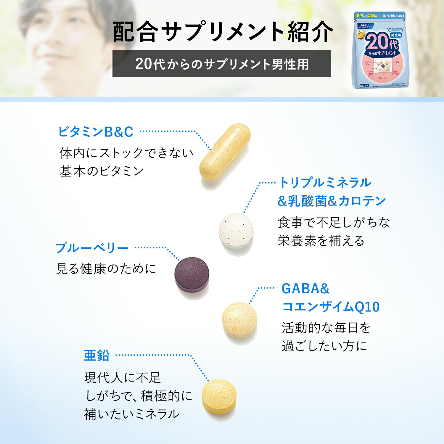 FANCL 20代からのサプリ メント 男性用 15～30日分 健康食品 ビタミンc ビタミンb ミネラル 乳酸菌 カロテン 亜鉛 男性 GABA コエンザイムQ10 ブルーベリー coq10 ギャバ マグネシウム カルシウム 20代サプリメント 3