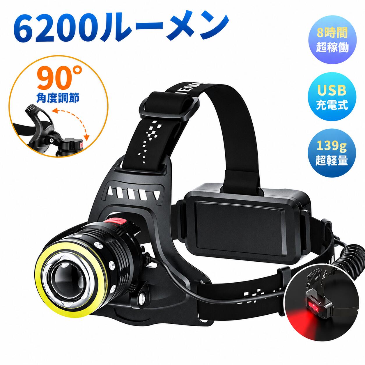【期間限定クーポン配布】ヘッドライト 充電式 LED 高輝度 6200ルーメン 軽量 登山 LEDヘッドライト Type-C 長時間点灯 小型 夜間 明るい センサー点灯 ズーム調整 コンパクト 防水 防塵 ヘッドランプ 防災 地震 停電 アウトドア キャンプ ランニング 釣り サイクリング
