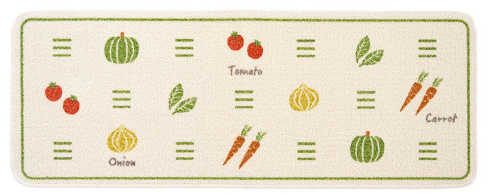 【返品種別A】□「返品種別」について詳しくはこちら□※床暖房の長時間の連続使用や高温でのご使用は避けてください。◆顔料プリントキッチンマットにナチュラルテイストのキッチンマットが仲間入りしました。◆まるで畑のようにきちんと並んだ野菜のデザインがほっこりできるキッチンマットです。◆野菜らしいカラーにこだわり、キッチンにぴったりのマットに仕上げました。◆またマットは、シャツなどを製造する時に出るハギレを再利用し、糸にした再生糸で出来た生地に柄をプリントしています。◆環境にも優しく、ナチュラルな風合いが特徴のマットに仕上がっています。◆毛羽立ちが少なくお手入れも簡単です。◆裏面はすべり止め加工がされています。◆へたりにくいしっかりとした縫製、丸くカットした角はマットが浮き上がりにくいようになっており、足元がひっかかりにくく安心です。■　仕　様　■サイズ：約45×120cmマットの高さ：約4mm品質：綿、ポリエステル、アクリル、レーヨン、その他(再生混紡糸使用)(裏面すべり止め加工)[オカ3032642]オカ生活家電＞インテリア＞カーペット・マット・たたみ＞キッチンマット