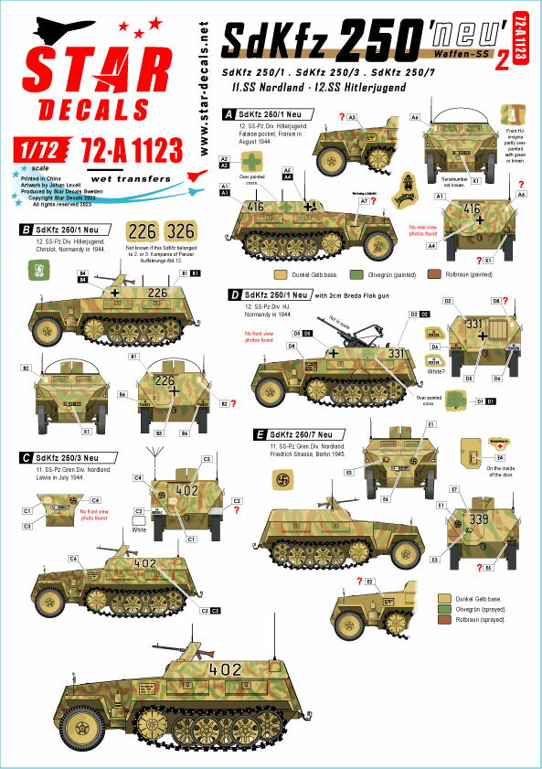 STAR DECALS 1/72 WWII ドイツ 西部戦線のSd.Kfz.250”ノイ”#2 武装親衛隊マーキング集 第11SS義勇装甲擲弾兵師団ノルトラント/第12SS装甲師団ヒトラーユーゲント【SD72-A1123】 デカール