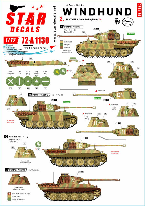 STAR DECALS 1/72 WWII ドイツ ヴィントフント部隊#2 第24戦車連隊のパンサー戦車A/G型【SD72-A1130】 デカール