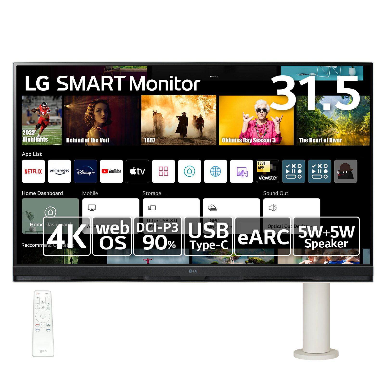 LG [31.5 LG SMART Monitor 4K(38402160)/webOS 22/쥢/NetflixAmazonPrimeVideoYouTube¾ץ/DCI-P3 90/HDR10/USB Type-C(PD65W)/HD 32SQ780S-W