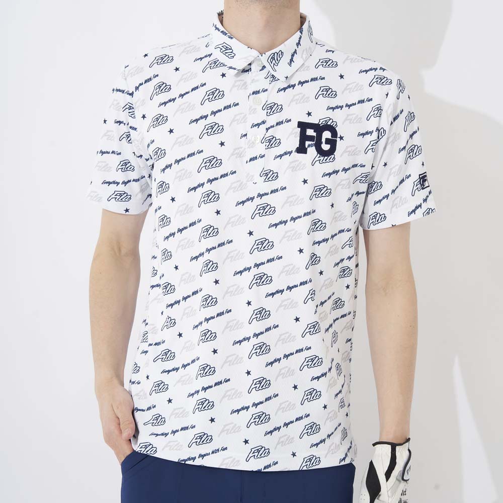 【返品種別A】□「返品種別」について詳しくはこちら□「おひとり様1点まで」※画像はイメージです。※平置きをして採寸をしております。商品によっては1〜2cmの誤差が発生してしまう場合がございます。サイズ詳細（約）M：身丈 69cm/肩幅　43cm/袖丈 22cm/裾幅 50cmL：身丈 71cm/肩幅　45cm/袖丈 23cm/裾幅 53cm◆吸水速乾、UVはもちろん遮熱や接触冷感など多機能素材を使用。◆メッシュ調のサラサラ素材で快適に着用頂けます。◆衿のヘリテージストライプテープがアクセントになっており、裾のスリットがお腹周りのしわを軽減。■　仕　様　■身丈69肩幅43袖丈22身幅50吸汗速乾/UV接触冷感遮熱素材：ポリエステル100％[743608MWT]フィラアウトドア＞ゴルフ用品＞メンズウェア