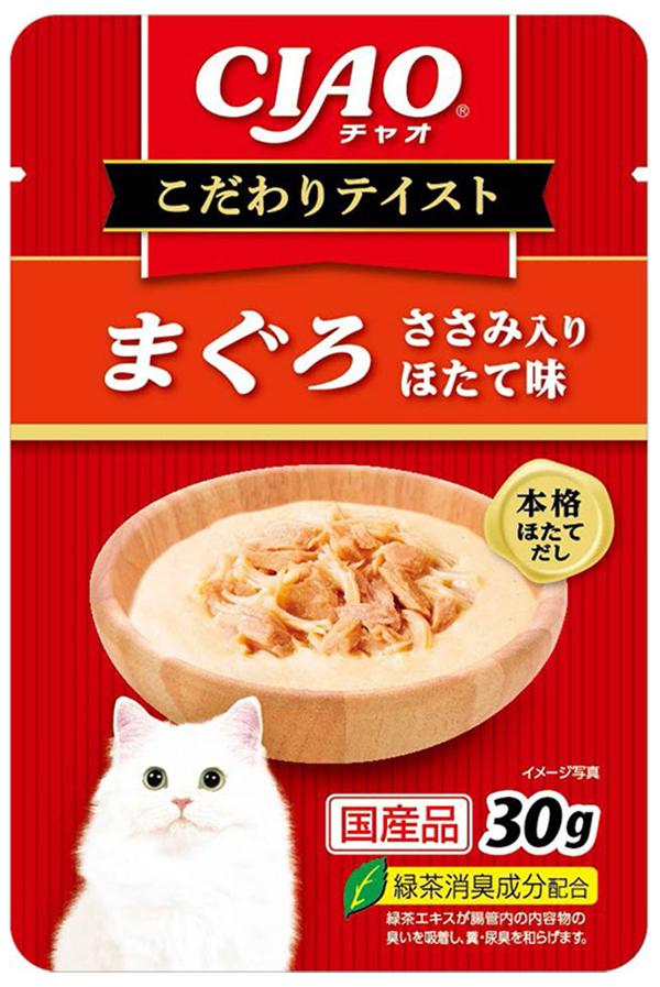 【返品種別B】□「返品種別」について詳しくはこちら□※仕様やパッケージは、リニューアルなどの理由で変更になっている場合がございます。予めご了承下さい。※お手元に届きました商品(パッケージ)の原材料や成分などの仕様を、必ず開封前にご確認の上、ご使用下さい。原材料に含まれる紅麹色素に関しましては、メーカーからのお知らせをご確認ください。◆本格だし仕立て◆与えやすいミニサイズパウチ◆緑茶消臭成分配合◆緑茶エキスが腸管内の内容物の臭いを吸着し、糞・尿臭を和らげます■原材料：鶏肉(ささみ)、まぐろ、ほたてエキス、煮干だし、糖類(オリゴ糖等)、植物性油脂、増粘安定剤(加工でん粉、増粘多糖類)、ミネラル類(Na、P、Cl)、調味料(アミノ酸)、ビタミンE、紅麹色素、緑茶エキス■保証成分：たんぱく質5.0％以上、脂質0.2％以上、粗繊維0.1％以下、灰分2.0％以下、水分92.5％以下■エネルギー：約15kcal/袋■内容量：30gいなばペットフード広告文責：株式会社Joshin(06-6633-1111)日用雑貨＞ペット＞猫＞キャットフード