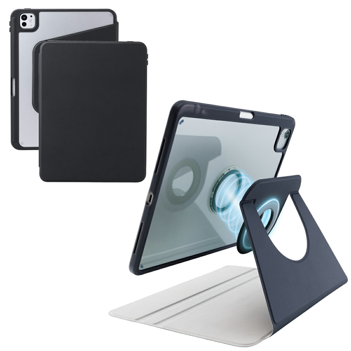 エレコム iPad Pro ケース 11インチ ( M4 ) マグネット着脱フラップ カバー 360度回転 Apple Pencil収納 2段階角度調節 スタンド オートスリープ機能 背面クリア（ブラック） TB-A25PMMG360BK