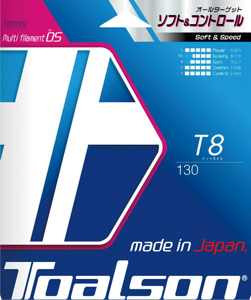 【返品種別A】□「返品種別」について詳しくはこちら□◆新技術・T8加工が可能にした、やわらかさ+反発性！　！　◆まるで蜂の巣のようなログファイバー構造に、TOALSONが独自に開発した、弾力性を高める為の特殊加工=T8加工を行うことで、柔らかい打球感と、反発性の良さを実現。◆ そこにPEEKファイバーを加えることで、耐久性も補いました。■　仕　様　■素材：高弾性ソフトマルチフィラメントゲージ：1.30mm[TAS7413010R]トアルソンアウトドア＞テニス＞ストリング＞硬式テニス用＞ナイロン系