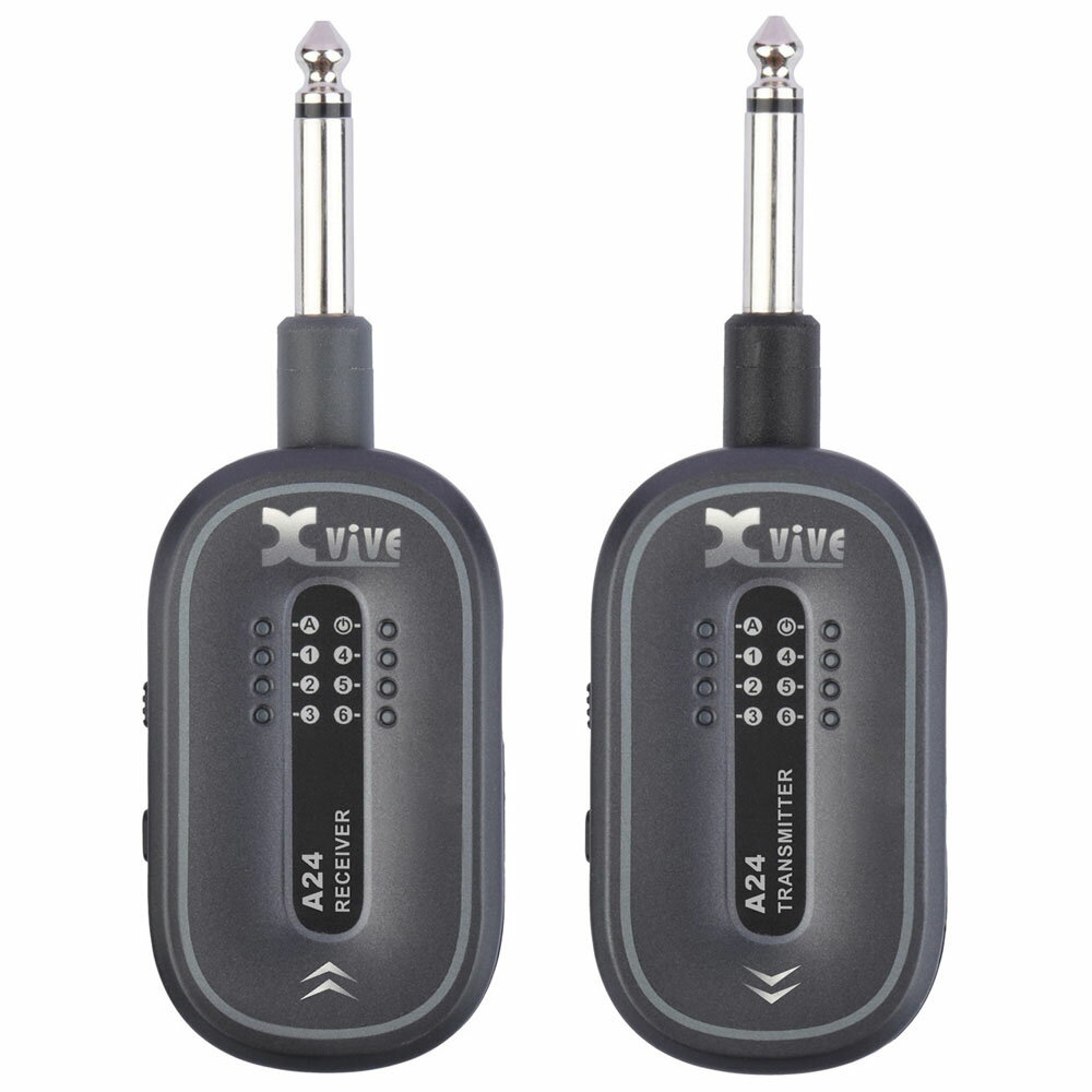 【返品種別A】□「返品種別」について詳しくはこちら□■新製品■2025年12月 発売※画像は使用イメージです。よりクリア、より安定。シン・ワイヤレス「A24」Xviveのギターワイヤレスシステムが進化。多くのギタリストに認知され、愛用されているU2 Wireless Guitar Systemがさらに進化し、「A24」が登場しました。よりクリアで、より安定したワイヤレス体験を実現。シンプルな操作性と耐久性を備え、ストレスのない快適なプレイを可能にします。◆より良いサウンドへA24は24bitの高音質と108dBのS/N比により、ギター本来のサウンドをそのままクリアに伝えます。◆自由なステージへワイヤレスレンジは100フィート（約30m）。ステージを広々と使って自由に動き回ることができます。◆ACTIVE OR PASSIVEアクティブ/パッシブに対応しており、あらゆるタイプのピックアップに使用できます。アクティブピックアップを搭載したギターまたはベースを使用する場合は、トランスミッターのチャンネルボタンを長押しするだけで簡単にアクティブモードをオンにできます。◆SMART CHANNEL SCANNERA24は、6つのワイヤレスチャンネルから選択可能。さらに利用可能なチャンネルをスキャンして、最も強くてクリアな信号のチャンネルを自動で選んでくれるSMART CHANNEL SCANNER（スマート・チャンネル・スキャナー）を搭載しており、新しい会場に入ったら、レシーバーのチャンネルボタンを長押しするだけで最適なチャンネルを検索・設定できます。その後、トランスミッターも同じチャンネルに合わせれば設定完了です。多くのワイヤレスシステムが混在する環境でも、安定した通信を維持しながらプレイに集中できます。トランスミッターとレシーバーの電源をオフにしても、再度オンにすれば最後に選択したチャンネルが自動的に復元されます。◆ON THE CASE頑丈でコンパクトな専用キャリーケースが付属しており、トランスミッター、レシーバー、充電ケーブルをどこへ行くにも安全に携行できます。◆CHARGEトランスミッターとレシーバーは、デュアルUSB-Cケーブルと任意の5V/2A USB電源を使って同時に充電できます。・2時間半の充電で約5時間使用可能・1時間15分の充電で約2時間使用可能・30分の充電で約1時間使用可能※充電しながらの使用も可能ですが、バッテリー寿命を縮める恐れがあるため、満充電状態で長時間接続し続けることは避けることをおすすめします。◆MAKE CONNECTIONS通常1/4インチケーブルで行う接続は、すべてワイヤレスで置き換えることができます。例えば、A24トランスミッターを楽器やエフェクトペダルに接続、レシーバーはアンプ、アンプモデラー、またはペダルボードに接続すれば簡単にワイヤレス化が可能です。1つのセッティングで2セット使用することも可能です——「楽器からエフェクトボードへのセット」+「エフェクトボードからアンプへのセット」といった構成も実現できます。■　仕　様　■使用周波数帯域：2.4GHz伝送距離：約30m※実際の伝送距離は、電波の反射・干渉・吸収など環境によって変化します。駆動時間：最大5時間（3.8V充電式リチウムイオン、780mA）周波数特性：20Hz - 20kHz（-3dB）RF受信感度：-90dBm全高調波歪：0.1％RF出力パワー：10mW E.I.R.P. max動作温度：0℃〜45℃チャンネル数：6（最大6台同時使用可能）最大レベル：パッシブモード: 2.84Vp-p; アクティブモード: 7.5Vp-p;ボリューム -10dBサンプルレート：24-bit / 48kHzダイナミックレンジ：110dB信号対雑音比（S/N比）：110dBレイテンシー：5ms充電電圧 / 電流：5V / 2Aインピーダンス：Input: 1 MΩ; Output: 470 Ωインプット / アウトプットコネクタ：1/4” / 6.5mm TSサイズ：65mm x 37mm x 28mm重量：88g付属品・セミハードケース・USB-Cタイプ充電ケーブル[XVA24GY]エックスバイブ楽器・レコーディング＞PA/録音機器＞ワイヤレス機器＞ワイヤレスシステム