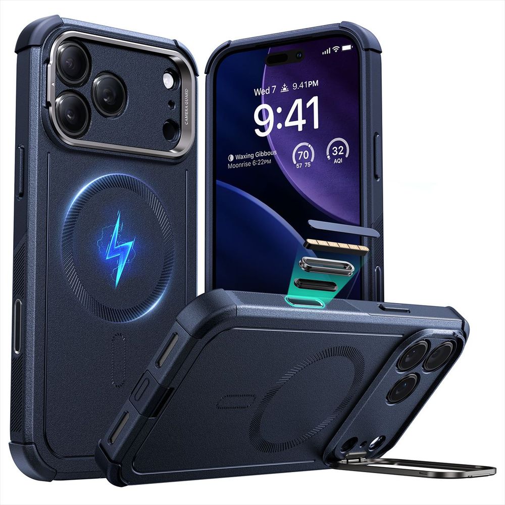 ESR iPhone 18Pro Max/ 17 Pro Max用 無限大のMagSafe究極保護 隠れスタンド カメラコントロール付き Cyberタフケース（Navy Blue） 1A88200201