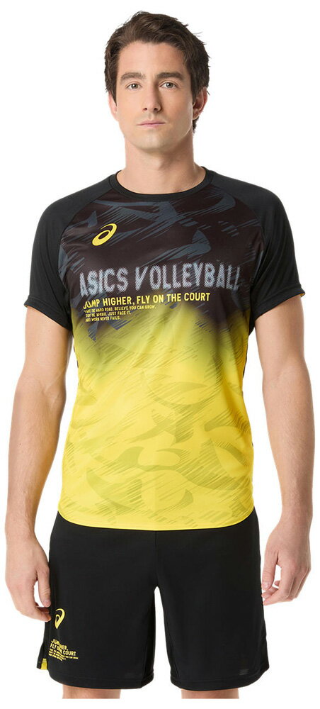 アシックス メンズ バレーボール トップライン半袖シャツ（パフォーマンスブラック×ビブラントイエロー・サイズ：XL） 2051A373-003-XL asics