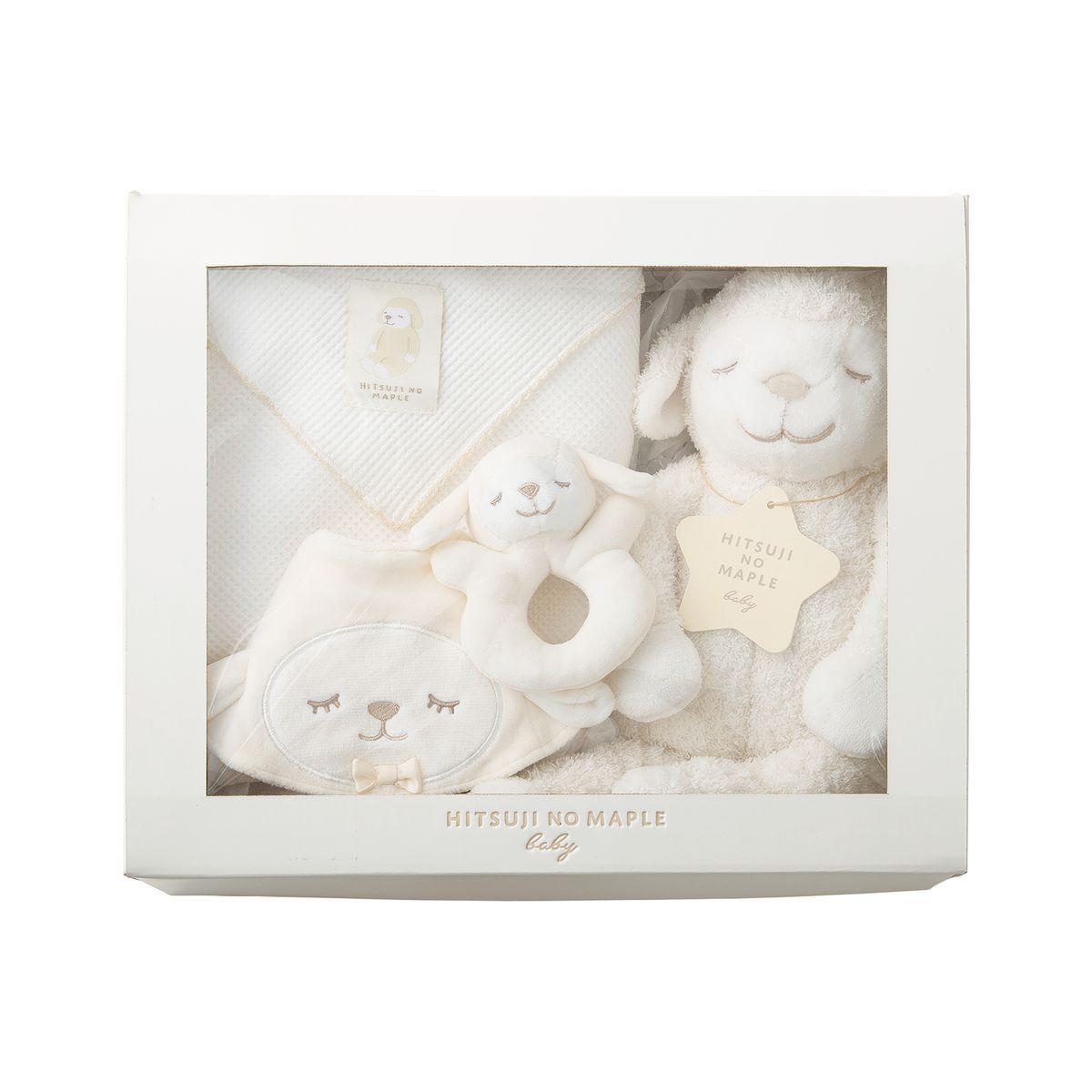 【返品種別A】□「返品種別」について詳しくはこちら□◆ひつじのメイプルシリーズのベビー用品ひつじのメイプルは、優しく愛らしい表情で周りの人たちを癒す、子供から大人までの人気のキャラクターです。◆ラトル・スタイ・ぬいぐるみに加えて、オールシーズン使える、ワッフルケットも入ったセットラトルは、もっちり柔らかく、振るとやさしい鈴の音がなります。スタイは、リバーシブルタイプです。表面は、メイプルのかわいいお顔デザイン。裏面は、いろんなお洋服に合わせやすい無地デザイン。・ぬいぐるみは、はじめてのお友達にぴったり！　メイプルの優しいお顔とふわふわの手触りに、大人も子供も癒されます。・ワッフルケットは、綿100％のオールシーズン使えるシンプルなデザインです。◆出産やハーフバースデイ、1歳のお誕生日のお祝いなどにおすすめです！　◆メイプル達はいつもみんなのことを考えている優しいひつじさん。みんなのそばに、そっと寄り添います。メイプルの優しく穏やかな表情と、やわらかな手触りはきっと赤ちゃんに安心感をあたえてくれます■　仕　様　■サイズ(約)・・・BOX：幅35×奥行11.5×高さ29cmラトル：幅9.5×奥行5.5×高さ11cmスタイ：幅21×高さ24cmぬいぐるみ：幅14×奥行13×高さ35cmワッフルケット：幅75×高さ75cm材質・・・ラトル(側地)：ポリエステル95％、ポリウレタン5％ (中材)：ポリエステル100％スタイ(表側)：ポリエステル95％、ポリウレタン5％ (裏側)：綿100％ぬいぐるみ(側地)：ポリエステル100％ (中材)ポリエステル、ポリエチレンワッフルケット：綿100％洗い方・・・ラトル・ぬいぐるみ：手洗いスタイ・ワッフルケット：洗濯機セット内容：ラトル、スタイ(リバーシブル)、ぬいぐるみ、ワッフルケット、専用ボックス付き[08040756]りぶはあと(LIV HEART)生活家電＞生活雑貨＞ベビー・キッズ