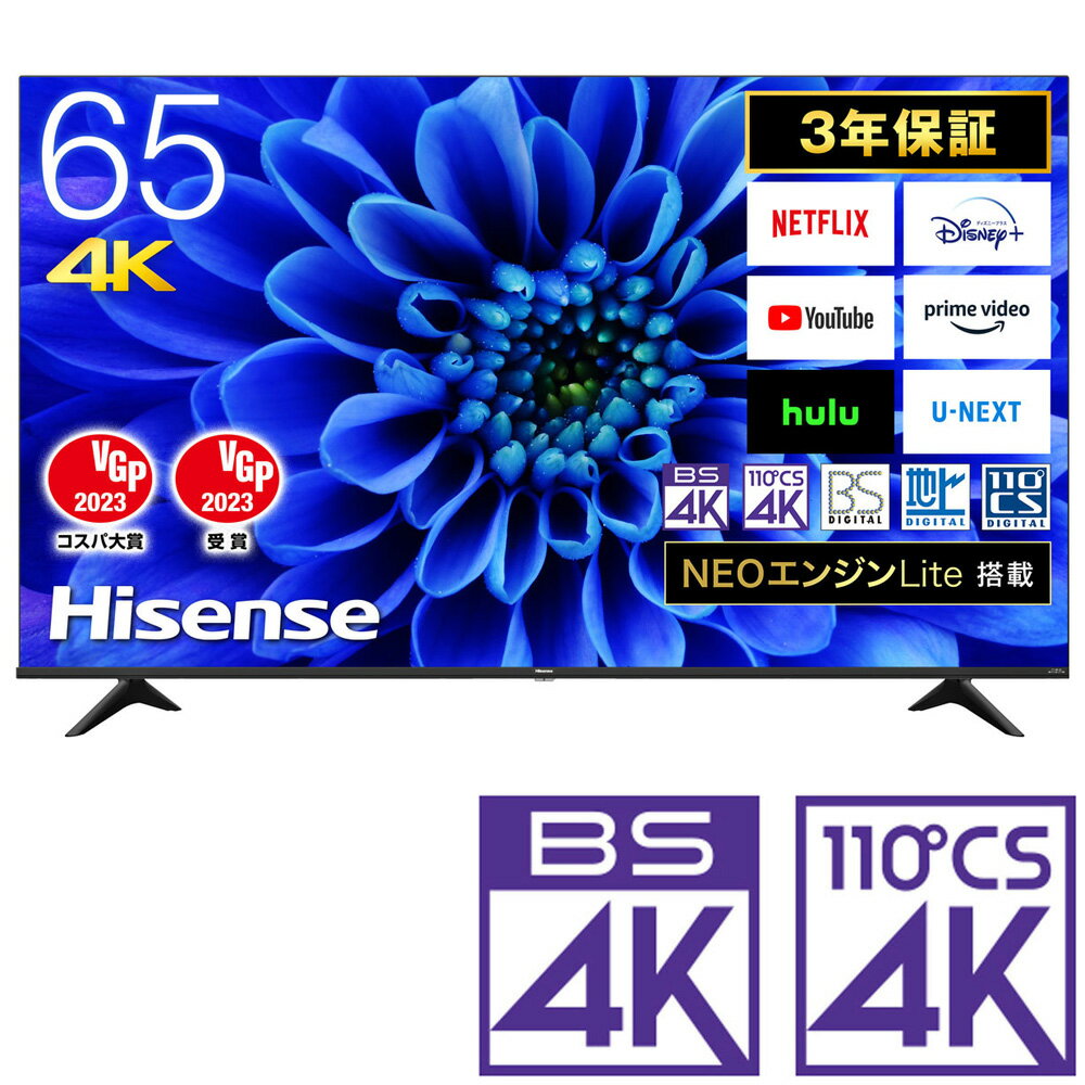 （標準設置料込_Aエリアのみ）テレビ　65型 65E6G ハイセンス 65型地上・BS・110度CSデジタル4Kチューナー内蔵　LED液晶テレビ (別売USB HDD録画対応) Hisense