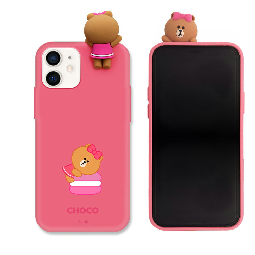 LINE FRIENDS iPhone 12 mini用 フィギュア付きカラーソフトケース（MACARON CHOCO） KCE-CSB030