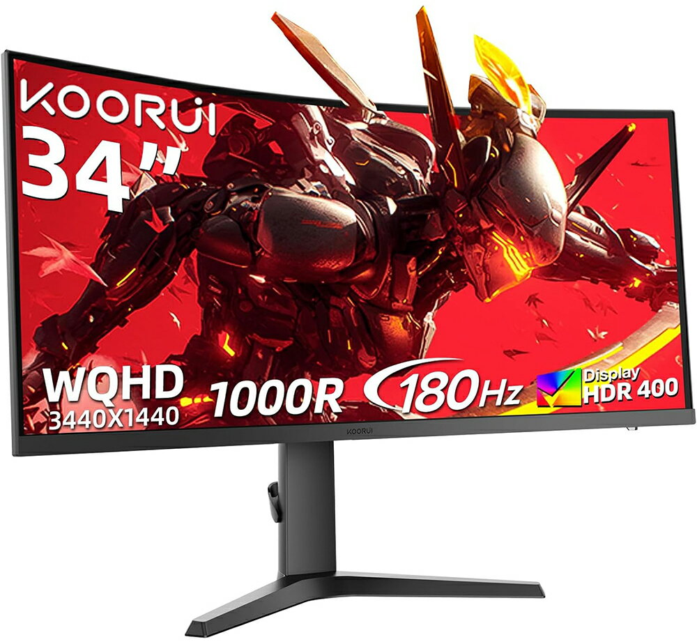 KOORUI｜クールイ ゲーミング液晶ディスプレイ(34型/湾曲/VA/UWQHD 3440×1440/180Hz/1ms/HDR400/HDMI2.0/DP1.4/VESA)(ブラック) 34E6UC