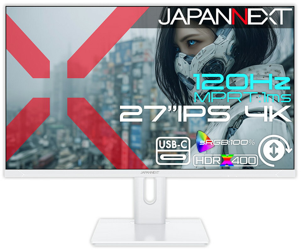 JAPANNEXT｜ジャパンネクスト ゲーミング液晶ディスプレイ(27型/IPS(ADS)/4K UHD 3840×2160/120Hz/1ms/HDR400/HDMI2.1/DP1.4/USB TYPE-C/VESA)(ホワイト) JN-IPS27G120U-HSPC6W
