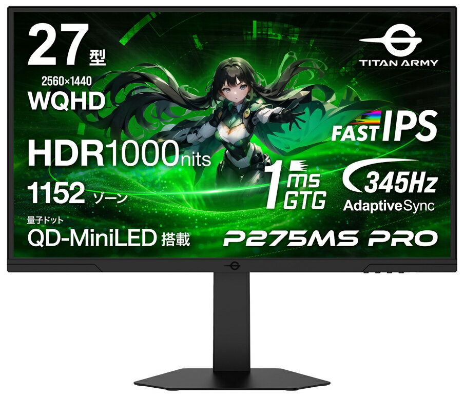 Titan Army｜タイタンアーミー ゲーミング液晶ディスプレイ(27型/FAST IPS/QDLED/WQHD 2560×1440/345Hz/1ms/HDR1000/HDMI2.1/DP1.4/PBP・PIP対応/VESA)(ブラック) P275MS PRO