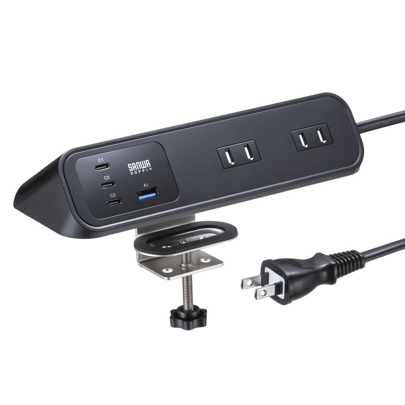 サンワサプライ クランプ固定式タップ（AC4個口＋USB-C×3＋USB-A×1・PD65W・2m・ブラック） TAP-B114UC-2BK [TAPB114UC2BK]（楽天・Joshin web 家電とPCの大型専門店）