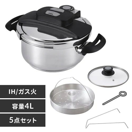 【返品種別A】□「返品種別」について詳しくはこちら□2022年08月 発売メーカー保証期間　10年※メーカー10年保証は鍋本体・圧力ふたのみとなります。ガラスふた、中かご・中かご台、付属品は保証の対象外です。料理に応じて低圧・高圧の切り替えが簡単にできるダイアル式の両手圧力鍋です。◆圧力の状態が一目でわかる圧力表示付きです。◆ふたはボタンを押すだけのワンタッチ開閉です。◆圧力調整装置で余分な蒸気を排出し、圧力を一定に保ちます。◆圧力がかかっているときはロックピンが上がり、ふたをロックします。◆また、鍋の圧力が完全に下がらないとふたが開かない安全設計です。■　仕 様　■製品内容：両手鍋、圧力ふた、ガラスふた、中かご・中かご台サイズ：22cmハンドル含むなべサイズ(約)：370×238×115mm満水容量(約)：4L圧力設定：［低圧］ 60kPa、［高圧］ 100kPa付属品：クリーニングピン、レシピブック（60品掲載）対応熱源：IH、ガスコンロ、ラジエントヒーター、その他の電気ヒーター対応（※電子レンジ、オーブンでは使用できません。）[RAN4Lアイリス]IRIS調理家電＞キッチン用品＞なべ・フライパン＞圧力鍋