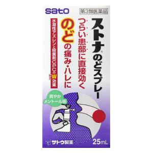 □「返品種別」について詳しくはこちら□「おひとり様5点まで」この商品の説明書(1ページ目)はこちらこの商品の説明書(2ページ目)はこちら使用上の注意してはいけないこと（守らないと現在の症状が悪化したり、副作用・事故が起こりやすくなります）長期連用しないでください相談すること1．次の人は使用前に医師、歯科医師、薬剤師又は登録販売者にご相談ください　（1）医師又は歯科医師の治療を受けている人。　（2）薬などによりアレルギー症状を起こしたことがある人。　（3）次の症状のある人。　　　　口内のひどいただれ2．使用後、次の症状があらわれた場合は副作用の可能性がありますので、直ちに使用を中止し、この文書を持って医師、薬剤師又は登録販売者にご相談ください　　　〔関係部位〕　　　〔症　　状〕　　　　皮　　　膚　：　発疹・発赤、かゆみ　　　　消　化　器　：　胃部不快感、吐き気3．使用後、次の症状があらわれることがありますので、このような症状の持続又は増強が見られた場合には、使用を中止し、医師、薬剤師又は登録販売者にご相談ください　　　口の刺激感4．5〜6日間使用しても症状がよくならない場合は使用を中止し、この文書を持って医師、歯科医師、薬剤師又は登録販売者にご相談ください■効能・効果のどの炎症によるのどの痛み・のどのはれ・のどのあれ・のどの不快感・声がれ、口内炎■用法・用量1日数回、適量を患部に噴射塗布します。＜用法・用量に関連する注意＞（1）のどの炎症の場合には、のどの患部に噴射口を向けて、軽く息をはきながら、1回3〜4噴射・1日3〜5回を目安として使用してください。（2）定められた用法・用量を厳守してください。（3）目に入らないように注意してください。万一目に入った場合には、すぐに水又はぬるま湯で洗い、直ちに眼科医の診療を受けてください。（4）小児に使用する場合には、保護者の指導監督のもとに使用してください。（5）噴射塗布のみに使用し、内服しないでください。■成分・分量100mL中　〔成　　分〕　アズレンスルホン酸ナトリウム水和物（水溶性アズレン）　〔分　　量〕　20mg　〔働　　き〕　抗炎症作用によりのどの痛み、はれを抑えます。　〔成　　分〕　セチルピリジニウム塩化物水和物（CPC）　〔分　　量〕　300mg　〔働　　き〕　患部を殺菌します。添加物として、プロピレングリコール、グリセリン、ヒドロキシエチルセルロース、サッカリンNa、エタノール、リン酸水素Na、クエン酸、クエン酸Na、香料（l−メントールを含む）を含有します。■保管及び取り扱い上の注意（1）直射日光の当たらない、湿気の少ない涼しい所にキャップをして保管してください。（2）小児の手の届かない所に保管してください。（3）他の容器に入れ替えないでください。　　　（誤用の原因になったり品質が変わるおそれがあります。）（4）火気に近づけないでください。（5）使用期限をすぎた製品は、使用しないでください。（6）本剤使用後の一定時間は、呼気中に酒気帯び運転と判定される濃度以上のアルコール濃度が検出される可能性がありますので、運転中のご使用はお控えください。（7）本剤は青紫色の透明な液体ですので、衣服につかないように注意してください。〔ご使用方法〕最初にお使いになるときは薬液がでるまで4〜5回押してください。1．容器のキャップをはずして、ノズルを時計まわしにカチッと音がするまでまわすと、ポンプが作動状態になります。2．口を開けてできるだけ口元に容器を近づけ、噴射口をのどの患部に向けて、軽く息をはきながら頭部を押してください。1回3〜4噴射・1日3〜5回を目安としてご使用ください。※噴射の際、液が気管支や肺に入らないように軽く息をはきながら噴射塗布してください。3．使用後はノズルを元の位置に戻してキャップをしっかりはめてください。■問合せ先本製品についてのお問い合わせは、お買い求めのお店又は下記にお願い申し上げます。佐藤製薬株式会社　お客様相談窓口東京都港区元赤坂1丁目5番27号03（5412）7393受付時間　9：00〜17：00（土、日、祝日を除く）リスク区分：第三類医薬品医薬品の使用期限：使用期限まで10ヵ月以上あるものをお送り致します。医薬品販売に関する記載事項（必須記載事項）は当店PCページをご覧下さい発売元、製造元、輸入元又は販売元：佐藤製薬商品区分：医薬品広告文責：株式会社Joshin(06-6633-1111)医薬品＞かぜ薬・痛み止め＞のどスプレー・トローチ＞のどスプレー・その他