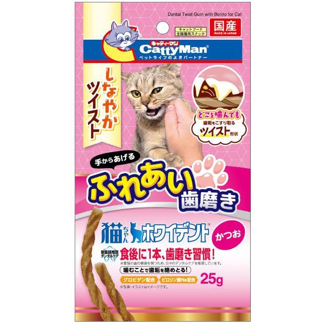 【返品種別B】□「返品種別」について詳しくはこちら□※仕様やパッケージは、リニューアルなどの理由で変更になっている場合がございます。予めご了承下さい。※お手元に届きました商品(パッケージ)の原材料や成分などの仕様を、必ず開封前にご確認の上、ご使用下さい。◆噛むことで歯垢を絡めとる歯みがきガムです。 ◆どこを噛んでも歯垢をこすり取るツイスト形状。 ◆プロビゲン、ポロリン酸Na配合。 ◆歯みがきだけでなくストレス解消にも。■原材料：牛皮、米粉、かつお、コーンスターチ、食物繊維(セルロース)、かつおエキス、卵黄粉末(グロビゲン)、グリセリン、トレハロース、加工でん粉、保存料(白子たん白)、酸化防止剤(エリソルビン酸ナトリウム)、ピロリン酸ナトリウム■保証成分：粗たん白質12.0％以上、粗脂肪0.5％以上、粗繊維4.0％以下、粗灰分3.5％以下、水分27.0％以下■エネルギー：320kcal/100g原産国：日本ドギーマンハヤシ広告文責：株式会社Joshin(06-6633-1111)日用雑貨＞ペット＞猫＞キャットフード
