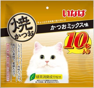 【返品種別B】□「返品種別」について詳しくはこちら□※仕様及び外観は改良のため予告なく変更される場合がありますので、最新情報はメーカーページ等にてご確認ください。◆宗田鰹の旨みを逃さず、じっくり焼き上げました。◆ちょっと小さめ食べきりサイズ。10本入り。◆軽くほぐして与えると、香りも引き立ちます。◆そのまま与えれますが、人肌程度に湯煎で温めるとさらに美味しくなります。◆ビタミンE配合。◆緑茶消臭成分配合！　緑茶エキスが腸管内の内容物の臭いを吸着し、糞尿臭を和らげます。◆保存料、発色剤、着色料不使用。■原材料：宗田鰹、かつお節エキス、ビタミンE、緑茶エキス■保証成分：たんぱく質28.0％以上、脂質1.2％以上、粗繊維0.1％以下、灰分1.8％以下、水分67.0％以下■エネルギー（約）：20kcal/本■内容量：10本原産国：中華人民共和国いなばペットフード広告文責：上新電機株式会社(06-6633-1111)日用雑貨＞ペット＞猫＞キャットフード＞猫年齢＞成猫