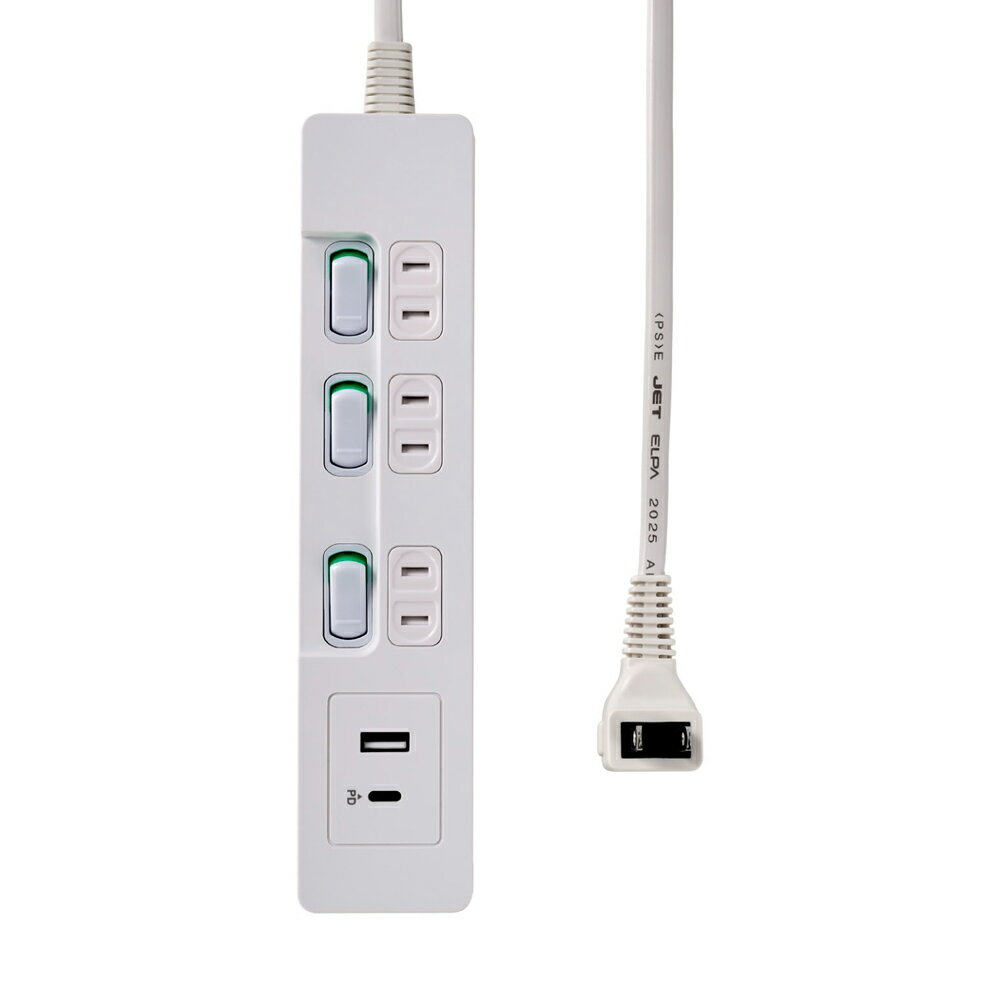 Rakuten - ELPA 個別スイッチ付きUSBタップ(3個口/2m/USB A×1、C×1） ホワイト WLK-E3222UC(W) [WLKE3222UCW]