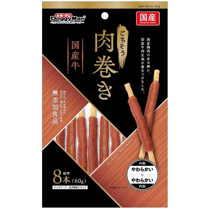 【返品種別A】□「返品種別」について詳しくはこちら□※仕様やパッケージは、リニューアルなどの理由で変更になっている場合がございます。予めご了承下さい。※お手元に届きました商品(パッケージ)の原材料や成分などの仕様を、必ず開封前にご確認の上、ご使用下さい。※ペットフードとしての用途をお守りください。 ※幼児や子供、ペットの触れない場所で保存してください。 ※記載表示を参考に、ペットが食べ過ぎないようにしてください。 ※必ず様子を見ながら与えてください。 ※子供がペットに与えるときは、安全のため大人が立ち会ってください。 ※ペットが興奮したりしないよう、落ち着いた環境で与えてください。 ※ペットが体調が悪くなったときには、獣医師に相談してください。◆国産鶏肉入りのしなやか棒に、国産牛を使った生地を丁寧に巻き付けた、どこを食べてもおいしい贅沢おやつです。 ◆芯にはおなかの健康を維持する食物繊維粒を配合しています。 ◆保存料、合成着色料、発色剤、酸化防止剤を使わずに作りました。■原材料：肉類(鶏肉、鶏ササミ、牛肉)、でん粉類(コーンスターチ、タピオカでん粉)、小麦粉、植物油脂、グリセリン、加工でん粉、トレハロース、食物繊維(セルロース)、増粘多糖類、ミネラル類(ナトリウム)、リン酸塩(Na、K)、着色料(クチナシ)■保証成分：粗たん白質12.0％以上、粗脂肪7.5％以上、粗繊維2.0％以下、粗灰分4.5％以下、水分31.0％以下■エネルギー：350kcal/100g■給与方法・商品記載の目安給与量を参考に1日1〜数回に分け、おやつとして与えてください。 ■保管方法・お買い上げ後は直射日光、高温多湿の場所を避けて保存してください。 ・開封後は密封の上冷蔵し、賞味期限に関わらず早めに与えてください。原産国：日本ドギーマンハヤシ広告文責：株式会社Joshin(06-6633-1111)日用雑貨＞ペット＞犬＞ドッグフード