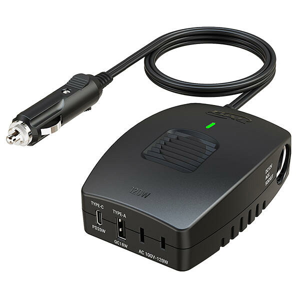 【返品種別A】□「返品種別」について詳しくはこちら□◆USB PD20W対応/アクセサリーソケットも使えるUSB出力は急速充電規格に対応 Type-A：QC（Quick Charge）/Type-C：PD（Power Delivery）消費電力が120Wまでの家電製品を車内で使えるように、自動車の電源（DC12V）をAC100V/USB出力に変換する機器です3種類の電源を同時に使用できます。（AC100V出力＋USB出力＋DC12V出力＝120W）USB端子付（Type-A：QC、Type-C：PDの急速充電規格に対応）アクセサリーソケット付（DC12V出力）動作音が静かで車内快適5種類の安全保護回路を搭載保護回路作動時には赤ランプでお知らせ■　仕　様　■定格出力：120W（AC出力+USB出力+アクセサリーソケット出力）DC入力：12V/10A（動作電圧範囲10〜15.3V）AC出力：100V 55Hz 調整矩形波（50/60Hz表示機器使用可能）DC出力：12V/10A（アクセサリーソケット）USB出力…・Type-A：DC5V/3A 9V/2A12V/1.5A（最大18W）・Type-C：DC5V/3A 9V/2.22A12V/1.67APPS DC3.3V-11V/2A（最大20W）※同時使用時は最大15W出力（出力電圧5V）となります。Type-Cからの出力を優先し残りの出力ワット数をType-Aから出力します。出力波形：調整矩形波電源入力方式：アクセサリープラグ接続保護回路…・低電圧入力保護回路・高電圧入力保護回路・出力過負荷保護回路・出力短絡保護回路・高温保護回路電源コード長：約0.9m本体サイズ：80（W）×113（D）×40.5（H）mm質量：250g（電源コード、アクセサリープラグ含む）使用環境温度：0〜40℃[NO2831]大橋産業アウトドア＞カー用品＞カーアクセサリー＞車載用インバーター＞12V車用