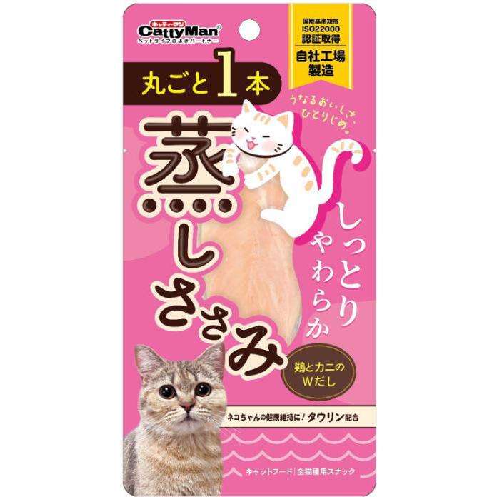 【返品種別B】□「返品種別」について詳しくはこちら□※仕様やパッケージは、リニューアルなどの理由で変更になっている場合がございます。予めご了承下さい。※お手元に届きました商品(パッケージ)の原材料や成分などの仕様を、必ず開封前にご確認の上、ご使用下さい。※ペットフードとしての用途をお守りください。 ※幼児や子供、ペットの触れない場所で保存してください。 ※記載表示を参考に、ペットが食べ過ぎないようにしてください。 ※必ず様子を見ながら与えてください。 ※子供がペットに与えるときは、安全のため大人が立ち会ってください。 ※ペットが興奮したりしないよう、落ち着いた環境で与えてください。 ※ペットが体調が悪くなったときには、獣医師に相談してください。◆猫ちゃんが大好きな鶏ササミを贅沢に一本使用し、おいしく手軽に食べられるように、しっとりとしたやわらかさに蒸しあげました。 ◆鶏とカニの両方の旨みを味わえる。猫ちゃんの健康維持に配慮して、タウリンを配合しました。■原材料：鶏ササミ、カニエキス、糖類(オリゴ糖)、pH調整剤、酸化防止剤(ビタミンE)、ソルビトール、ミネラル類(ナトリウム)、タウリン■保証成分：粗たん白質21.0％以上、粗脂肪0.1％以上、粗繊維1.5％以下、粗灰分3.5％以下、水分78.0％以下■エネルギー：120kcal/100g■給与方法・商品記載の目安給与量を参考に1日1〜数回に分け、おやつとしてお与えください。 ・給与量は猫によって個体差が生じます。 食べ残しや便の様子、健康状態をみて調節してください。 ・2ヶ月未満の幼猫には与えないでください。 ・猫の習性や性格、食べ方によってはのどに詰まらせたり、丸のみする恐れがあります。適切な大きさにして与えてください。 ■保管方法・お買い上げ後は直射日光、高温多湿の場所を避けて保存してください。 ・開封後は密封の上冷蔵し、賞味期限に関わらず早めに与えてください。原産国：中華人民共和国ドギーマンハヤシ広告文責：株式会社Joshin(06-6633-1111)日用雑貨＞ペット＞猫＞キャットフード