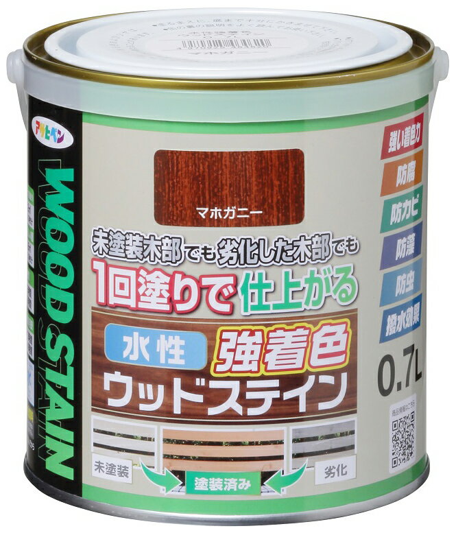 【返品種別B】□「返品種別」について詳しくはこちら□◆着色力が強く、1回塗りで仕上がる木部専用塗料。◆隠ぺいが高く1回塗りで仕上がる水性・低臭タイプの木部専用塗料です。◆木目を生かした美しいステイン仕上げができ、日光や雨に強く耐候性に優れています。◆防腐・防カビ・防藻・防虫効果があり、長期間、木部を美しく保ちます。◆撥水剤の配合により長期間撥水性を維持し、木部を保護します。◆用途：屋内外区分：屋内外用。ラティス・トレリス・プランター・ウッドデッキなどのガーデン用木製品。家具・窓枠・幅木・ウッドクラフト・工作品などのインテリア木部・木製品。■　仕　様　■容量：0.7L標準塗り回数：1回塗り光沢：ツヤ消し塗膜の仕上がり：半透明塗り面積・・・　1回塗り：5.2〜7.2m2（タタミ：3.1〜4.3枚分）　吸い込みが激しい面：3.4〜4.8m2（タタミ：2.1〜2.9枚分）塗料タイプ：水性アクリルウレタンエマルション樹脂塗料乾燥時間：[夏期]約2時間 [冬期]約3時間塗り重ね時間の目安：[夏期]1〜3時間 [冬期]2〜4時間[AP9019120]アサヒペンアウトドア＞DIY・工具＞工事・照明用品＞塗装・内装用品