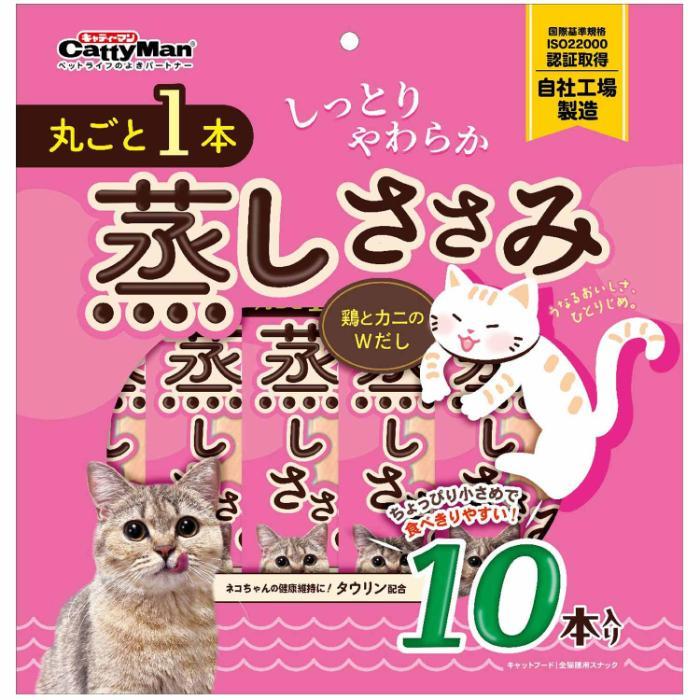 【返品種別B】□「返品種別」について詳しくはこちら□※仕様やパッケージは、リニューアルなどの理由で変更になっている場合がございます。予めご了承下さい。※お手元に届きました商品(パッケージ)の原材料や成分などの仕様を、必ず開封前にご確認の上、ご使用下さい。※ペットフードとしての用途をお守りください。 ※幼児や子供、ペットの触れない場所で保存してください。 ※記載表示を参考に、ペットが食べ過ぎないようにしてください。 ※必ず様子を見ながら与えてください。 ※子供がペットに与えるときは、安全のため大人が立ち会ってください。 ※ペットが興奮したりしないよう、落ち着いた環境で与えてください。 ※ペットが体調が悪くなったときには、獣医師に相談してください。◆猫ちゃんが大好きな鶏ササミを贅沢に一本使用し、おいしく手軽に食べられるように、しっとりとしたやわらかさに蒸しあげました。 ◆鶏とカニの両方の旨みを味わえる。猫ちゃんの健康維持に配慮して、タウリンを配合しました。 ◆食べきりやすいちょっぴり小さめサイズのササミを10分包に。■原材料：鶏ササミ、カニエキス、糖類(オリゴ糖)、pH調整剤、酸化防止剤(ビタミンE)、ソルビトール、ミネラル類(ナトリウム)、タウリン■保証成分：粗たん白質21.0％以上、粗脂肪0.1％以上、粗繊維1.5％以下、粗灰分3.5％以下、水分78.0％以下■エネルギー：120kcal/100g■給与方法・商品記載の目安給与量を参考に1日1〜数回に分け、おやつとしてお与えください。 ・給与量は猫によって個体差が生じます。 食べ残しや便の様子、健康状態をみて調節してください。 ・2ヶ月未満の幼猫には与えないでください。 ・猫の習性や性格、食べ方によってはのどに詰まらせたり、丸のみする恐れがあります。 適切な大きさにして与えてください。■保管方法・お買い上げ後は直射日光、高温多湿の場所を避けて保存してください。 ・開封後は密封の上冷蔵し、賞味期限に関わらず早めに与えてください。原産国：中華人民共和国ドギーマンハヤシ広告文責：株式会社Joshin(06-6633-1111)日用雑貨＞ペット＞猫＞キャットフード