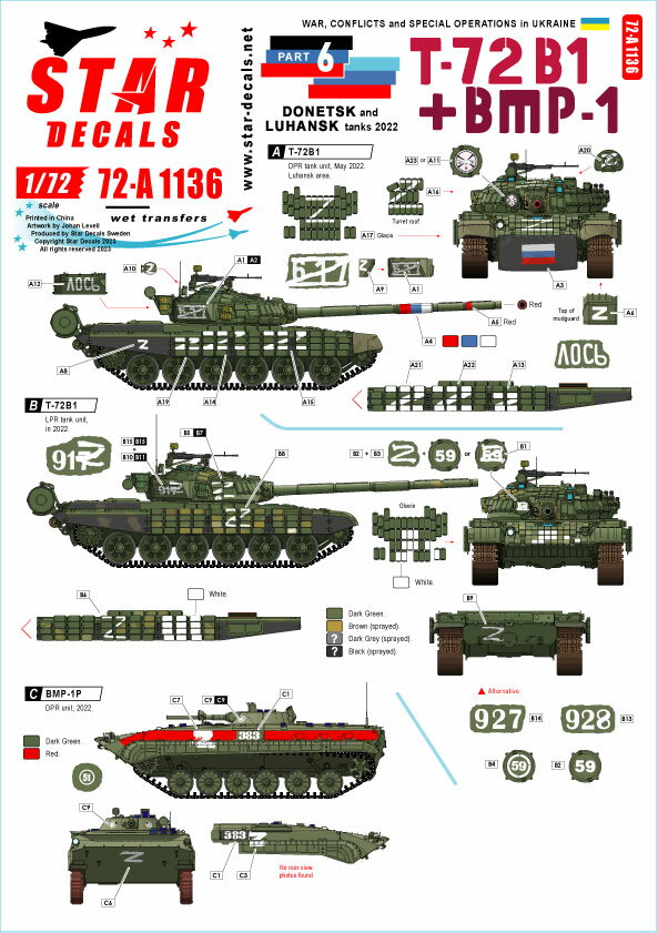 STAR DECALS 1/72 現用 ウクライナの戦争 6 ドネツク共和国/ルガンスク共和国のT-72B1主力戦車とBMP-1歩兵戦闘車(2022年)【SD72-A1136】 デカール