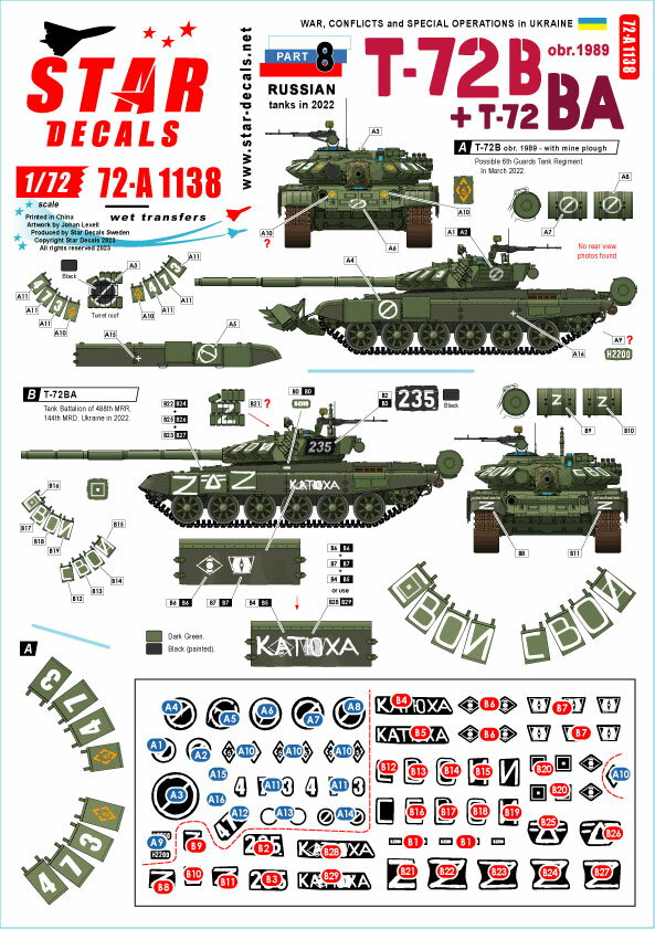 STAR DECALS 1/72 現用 ウクライナの戦争 8 ロシア軍のT-72B(Mod.1989)/T-72BA主力戦車(2022年)【SD72-A1138】 デカール