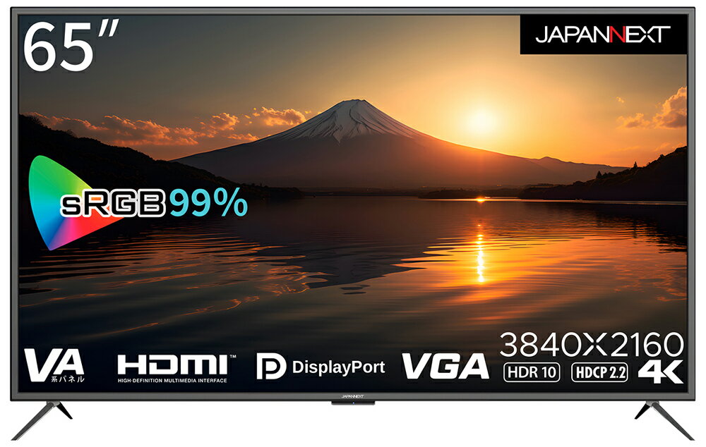 （標準設置料込）JAPANNEXT（ジャパンネクスト） 65型 液晶ディスプレイ（4K UHD/VA/非光沢/6ms/DisplayPort/HDMI/VGA/スピーカー搭載/FreeSync/フリッカーフリー/ブルーライト軽減/リモコン付き） JN-V6500UHDR-N