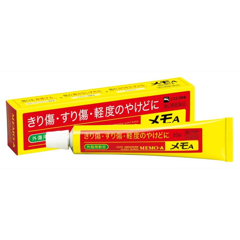 □「返品種別」について詳しくはこちら□「おひとり様3点まで」この商品の説明書(1ページ目)はこちらこの商品の説明書(2ページ目)はこちら使用上の注意してはいけないこと（守らないと現在の症状が悪化したり、副作用が起こりやすくなります。）1．次の人は使用しないでください　　本剤又は本剤の成分、クロルヘキシジンによりアレルギー症状を起こしたことがある人。相談すること1．次の人は使用前に医師、薬剤師又は登録販売者に相談してください（1）医師の治療を受けている人。（2）薬などによりアレルギー症状を起こしたことがある人。（3）患部が広範囲の人。（4）深い傷やひどいやけどの人。2．使用後、次の症状があらわれた場合は副作用の可能性があるので、直ちに使用を中止し、この説明書を持って医師、薬剤師又は登録販売者に相談してください　　　〔関係部位〕　　〔症　　状〕　　　　皮　　膚　：　発疹・発赤、かゆみまれに下記の重篤な症状が起こることがあります。その場合は直ちに医師の診療を受けてください。　〔症状の名称〕ショック（アナフィラキシー）　〔症　　　状〕使用後すぐに、皮膚のかゆみ、じんましん、声のかすれ、くしゃみ、のどのかゆみ、　　　　　　　　息苦しさ、動悸、意識の混濁等があらわれる。3．5〜6日間使用しても症状がよくならない場合は使用を中止し、この説明書を持って医師、薬剤師又は登録販売者に相談してください■効能・効果○きり傷、すり傷、さし傷、かき傷、靴ずれ○軽度のやけど○創傷面の殺菌・消毒■用法・用量1日数回、適量を患部に塗布してください。＜用法・用量に関連する注意＞（1）小児に使用させる場合には、保護者の指導監督のもとに使用させてください。（2）目に入らないように注意してください。万一、目に入った場合には、すぐに水又はぬるま湯で洗ってください。なお、症状が重い場合には、眼科医の診療を受けてください。（3）外用にのみ使用してください。■成分・分量1g中クロルヘキシジングルコン酸塩液・・・・・・・・・・・・・・・・10mgジブカイン塩酸塩・・・・・・・・・・・・・・・・・・・・・・・・3mgアラントイン・・・・・・・・・・・・・・・・・・・・・・・・・10mgトコフェロール酢酸エステル（ビタミンE酢酸エステル）・・・・・・1mg酸化亜鉛・・・・・・・・・・・・・・・・・・・・・・・・・・・50mg添加物：パラフィン、ワセリン、サラシミツロウ、トリオレイン酸ソルビタン、フェノール、チモール、香料■保管及び取り扱い上の注意（1）直射日光の当たらない涼しい所にフタをよくしめて保管してください。（2）小児の手の届かない所に保管してください。（3）他の容器に入れ替えないでください。（誤用の原因になったり品質が変わることがあります。）（4）使用期限をすぎたものは使用しないでください。【きり傷、すり傷、軽いやけどの治療は・・・】きり傷、すり傷などのちょっとした傷や、軽いやけどであっても早めのお手当てが大切です。次のようなことに気をつけてお手当てしてください。●傷口に砂や小石などが付着している場合は水道水などできれいに洗い流し、かわかした後、メモAを塗布しましょう。●やけどをしたら、患部をすぐに冷たい水につけて冷やし、その後メモAを塗布しましょう。●傷口がふさがるまでは、絆創膏、ガーゼなどで患部を保護するようにしましょう。●傷口にできたかさぶたは、無理にはがさないようにしましょう。■問合せ先お買い求めのお店、又はお客様相談室にお問い合わせください。エスエス製薬株式会社　お客様相談室〒163−1488東京都新宿区西新宿3−20−20120−028−193受付時間　9時から17時30分まで（土、日、祝日を除く）リスク区分：第二類医薬品医薬品の使用期限：使用期限まで10ヵ月以上あるものをお送り致します。医薬品販売に関する記載事項（必須記載事項）は当店PCページをご覧下さい発売元、製造元、輸入元又は販売元：エスエス製薬商品区分：医薬品広告文責：株式会社Joshin(06-6633-1111)医薬品＞肌・皮膚の薬＞殺菌・消毒薬