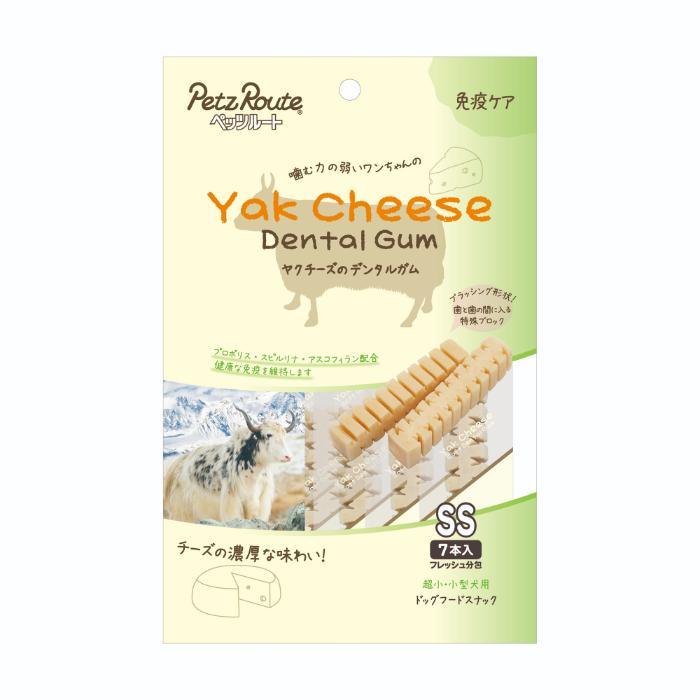 【返品種別B】□「返品種別」について詳しくはこちら□※仕様やパッケージは、リニューアルなどの理由で変更になっている場合がございます。予めご了承下さい。※お手元に届きました商品(パッケージ)の原材料や成分などの仕様を、必ず開封前にご確認の上、ご使用下さい。※ドッグ用のスナックです。※本品は間食です。生後3ヶ月位まで(離乳期前後の幼犬には与えないでください。成長期なので、主食だけをあげてください。※愛犬の性格や食べ方、お腹の減り具合では、のどに詰まらせたりする場合があります。個体差により適切な大きさにして、目の届く所で与えてください。※お子様が愛犬に与える時は、安全のため大人が立ち会ってください。※給与量を参考に、愛犬が食べ過ぎないようにしてください。※アレルギーのある愛犬には、原材料を確認してから与えてください。※愛犬の体調が悪くなった時には獣医師に相談してください。◆濃厚なチーズの味わいが楽しめるヤクチーズのデンタルガムです。◆健康な免疫を維持するプロポリス、スピルリナ、アスコフィランを配合。◆歯と歯の間に入りやすい特殊ブロック形状。噛むことで健康な歯と歯ぐきを維持します。◆噛む力が弱いワンちゃんでも食べやすいソフト仕上げ。◆フレッシュな分包タイプでおいしく食べれます。■原材料：タピオカでん粉、食物繊維、糖類、ヤクチーズ、フィッシュコラーゲン、オリゴ糖、寒天、プロポリス、スピルリナ、海藻抽出物(アスコフィラン、グリセリン、増粘安定剤(CMC-Na)、乳化剤(グリセリン脂肪酸エステル)、香料、食塩、リン酸塩(Na)、保存料(ソルビン酸K)■保証成分：たん白質8.0％以上、脂質3.0％以上、粗繊維3.0％以下、灰分5.0％以下、水分25.0％以下■エネルギー：約295kcal/100g■給与方法：商品記載の給与量は、1日当たりの目安です。1日2回位に分けて、健康状態、運動量、季節により量を調節し、おやつとして与えてください。■保存上の注意・・・未開封：幼児やペットの手が届かない所で、直射日光、高温多湿を避けて保存してください。常温で保存できますが、なるべく低温で保管してください。開封後：外袋チャックを閉じ、必ず冷蔵庫で保存してください。分包開封後はおいしさが落ちますのですぐに与えてください。ペッツルート広告文責：株式会社Joshin(06-6633-1111)日用雑貨＞ペット＞犬＞ドッグフード