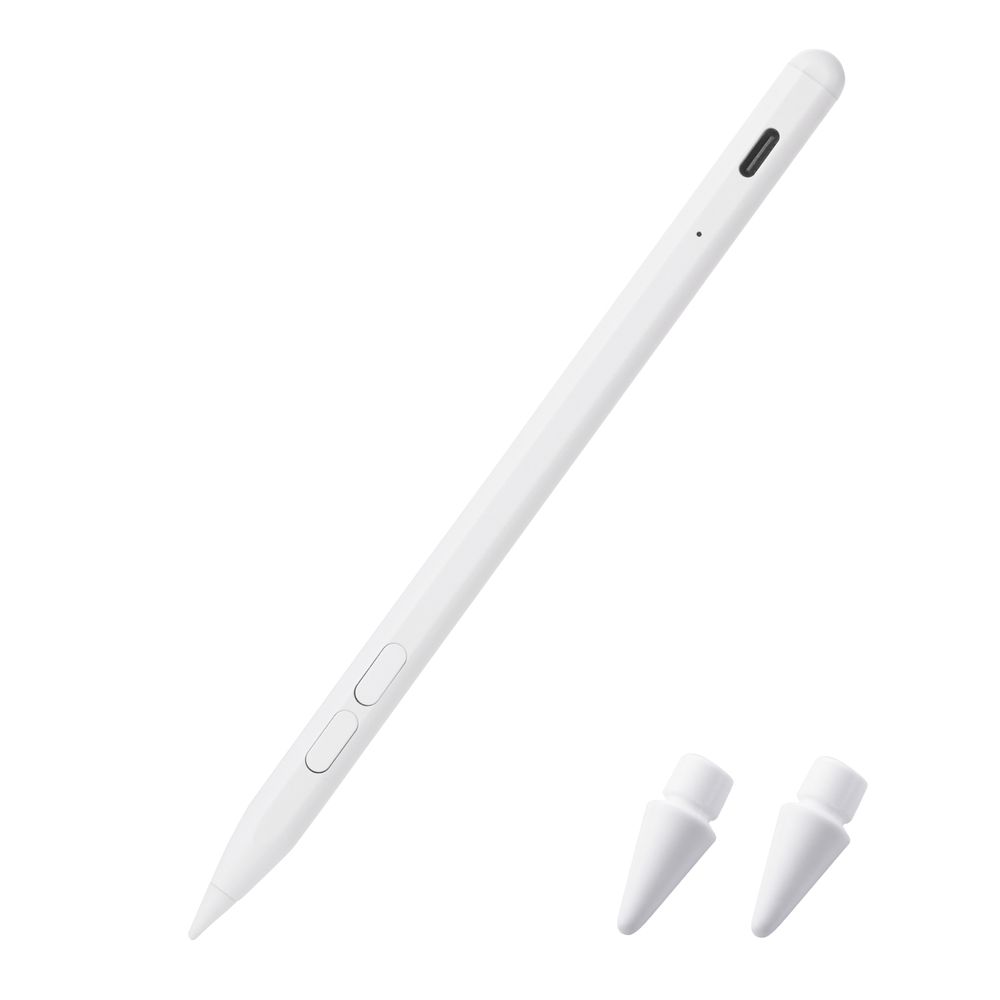 エレコム iPad タッチペン iPad専用 Goodnotesアプリ対応 ショートカットボタン(戻す/消す) USB Type-C急速充電 傾き検知 マグネット吸着 Apple Pencil用ペン先交換可能（ホワイト） P-TPACSTAP14WH