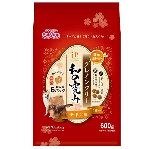 【返品種別B】□「返品種別」について詳しくはこちら□※仕様及び外観は改良のため予告なく変更される場合がありますので、最新情報はメーカーページ等にてご確認ください。◆日本の飼育環境を考えた穀類不使用のグレインフリーフード。◆国産原料や気候に配慮してアルミ蒸着の小分けパックを採用。◆食べやすい薄い小粒タイプの国産ドッグフードです。◆高たんぱく設計(1歳から比約140％)◆うまみ溢れるチキン味。■原材料：肉類(チキンミール、ミートミール、チキンレバーパウダー)、豆類(脱脂大豆、おから)、油脂類(動物性油脂：ビーフオイル、フィッシュオイル：DHA・EPA源)、セルロース、魚介類(フィッシュミール)、糖類(フラクトオリゴ糖)、β-グルカン、セレン酵母、乳酸菌、加工でん粉、ビタミン類(A、D3、E、K3、B1、B2、パントテン酸、ナイアシン、B6、葉酸、ビオチン、B12、コリン)、ミネラル類(カルシウム、ナトリウム、塩素、鉄、コバルト、銅、マンガン、亜鉛アミノ酸複合体、亜鉛、ヨウ素)、アミノ酸類(メチオニン、タウリン)、酸化防止剤(ローズマリー抽出物、ミックストコフェロール)■保証成分：たんぱく質33.0％以上、脂質15.0％以上、粗繊維8.0％以下、灰分10.0％以下、水分10.0％以下■エネルギー：約370kcal/100g原産国：日本ペットライン広告文責：上新電機株式会社(06-6633-1111)日用雑貨＞ペット＞犬＞ドッグフード