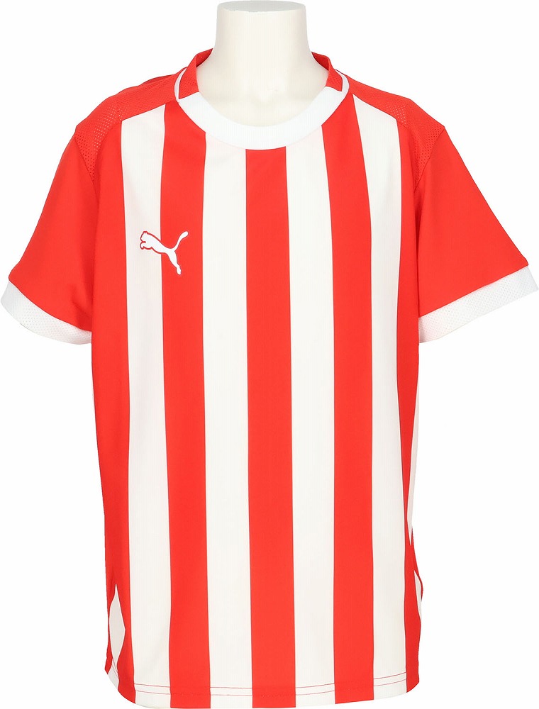 【返品種別A】□「返品種別」について詳しくはこちら□◆「TEAMLIGA26 ストライプゲームシャツ JR」は、クラシックなストライプデザインを採用したジュニア向け高機能サッカーシャツ。◆リサイクルポリエステル100％のインターロック素材で軽量かつ耐久性に優れています。◆DRYCELLテクノロジーにより汗を素早く吸収・拡散し、ドライな着心地をキープ。◆メッシュパネルが通気性を高め、快適なプレーをサポートします。■　仕　様　■素材:本体/ポリエステル100％、切替/ポリエステル100％特徴:DRY CELL/吸水速乾の高機能素材により、運動中の衣服内はドライで快適。RE:FIBREプログラムの一環として、この衣服は繊維廃棄物やその他の使用済み素材から少なくとも95％リサイクル素材で作られています。詳細:フィット感/レギュラー、主な素材タイプ/インターロック、ネック/クルー、半袖、丈/レギュラー、PUMAユース/8歳から16歳の年長児に推奨性別:ジュニア[PJ70734501160]プーマジャパン株式会社アウトドア＞サッカー・フットサル＞ウェア＞ジュニア用ウェア＞ゲームウェア