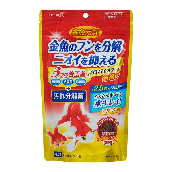 【返品種別B】□「返品種別」について詳しくはこちら□※仕様やパッケージは、リニューアルなどの理由で変更になっている場合がございます。予めご了承下さい。◆3つの善玉菌配合、乳酸菌・酵母菌が腸の健康を維持し、さらに納豆菌がフンや食べ残しを分解、ニオイを抑えます。◆天然色揚げ成分スピルリナと、アスタキサンチンを豊富に含むシュリンプミールが色鮮やかな金魚の体色を保ちます。◆ピュアクリア製法で、飼育水の汚れの原因となる窒素やリンを減らして、長期間美しい飼育水を保ちます。◆胃をもたない金魚のために消化吸収に優れた原料を使用。さらに、お腹の中でほぐれやすく、消化されやすいようにに上げました。◆小さな金魚の口に合わせた食べやすい特小粒サイズ。【原材料】フィッシュミール、小麦粉、大豆、シュリンプミール、胚芽、スピルリナ、生菌剤、ミネラル類(リン、カルシウム、カリウム、鉄)、ビタミン類(A、B、D3、E)、増粘安定剤(グルテン)、着色料【内容量】220g原産国：台湾（台湾省/中華民国）ジェックス広告文責：株式会社Joshin(06-6633-1111)日用雑貨＞ペット＞観賞魚＞えさ