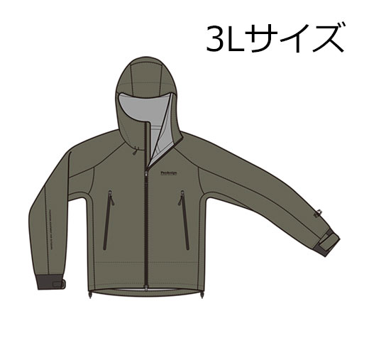【返品種別A】□「返品種別」について詳しくはこちら□◆ベーシックながら細部まで作り込んだレインジャケット！　！　◆耐水圧・耐久性に優れる3レイヤー仕様のレインジャケット。◆立体裁断で動きやすく、アームホール(肩回り)もゆとりのある作りなので重ね着しても肩回りのストレスが少なく快適です。◆袖口は現場でも片手で調節が容易なシングルカフ仕様(クロロプレン製)。◆シンプルな作りなのでグローブの手首部分の形状とも干渉しにくくなっています。◆今作の特徴でもあるのがヘルメットの着用時もストレスが少ないハイフード仕様です。◆通常使用時もフードや襟元のドローコードで調整していただければサイズ感、見た目の違和感も無く着用可能です。■　仕　様　■本体：ナイロン100％(ブレスシェード3レイヤー透湿防水加工)サイズ：3L[PBR0463Lオリブ]パズデザインアウトドア＞フィッシング＞ウェア・帽子・靴＞ウェア