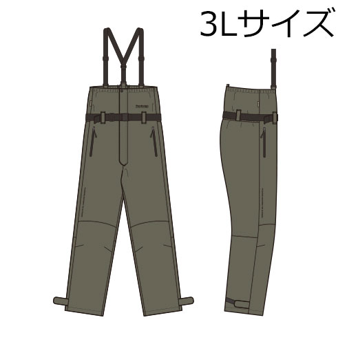 【返品種別A】□「返品種別」について詳しくはこちら□◆チェストハイ仕様で使い勝手の良いレインパンツ！　！　◆耐水圧・耐久性に優れる3レイヤー仕様のレインパンツです。◆膝部分の立体3Dカットなど各所に立体裁断を採用し、釣行時の動きを妨げません。◆チェストハイ仕様なので屈んだ状態での背中側からの衣服内への浸水、寒冷期には冷たい風の侵入を防ぎます。◆ジャケットを脱いだ状態での着用時も胸辺りまでの飛沫や汚れを防いでくれるのでオフショア釣行や船での餌釣りでも安心です。◆着脱式のサスペンダーを取り外し、ウェストベルトを調整していただければ肩回りへのストレスが無い「フィットハイ仕様」としての使用も可能。◆ポケット部分はスルーポケット仕様で、インナー・ミドラーのパンツのポケットにエントリーできるようになっています。■　仕　様　■本体：ナイロン100％(ブレスシェード3レイヤー透湿防水加工)サイズ：3L付属品：収納袋[PBR0473Lオリブ]パズデザインアウトドア＞フィッシング＞ウェア・帽子・靴＞ウェア