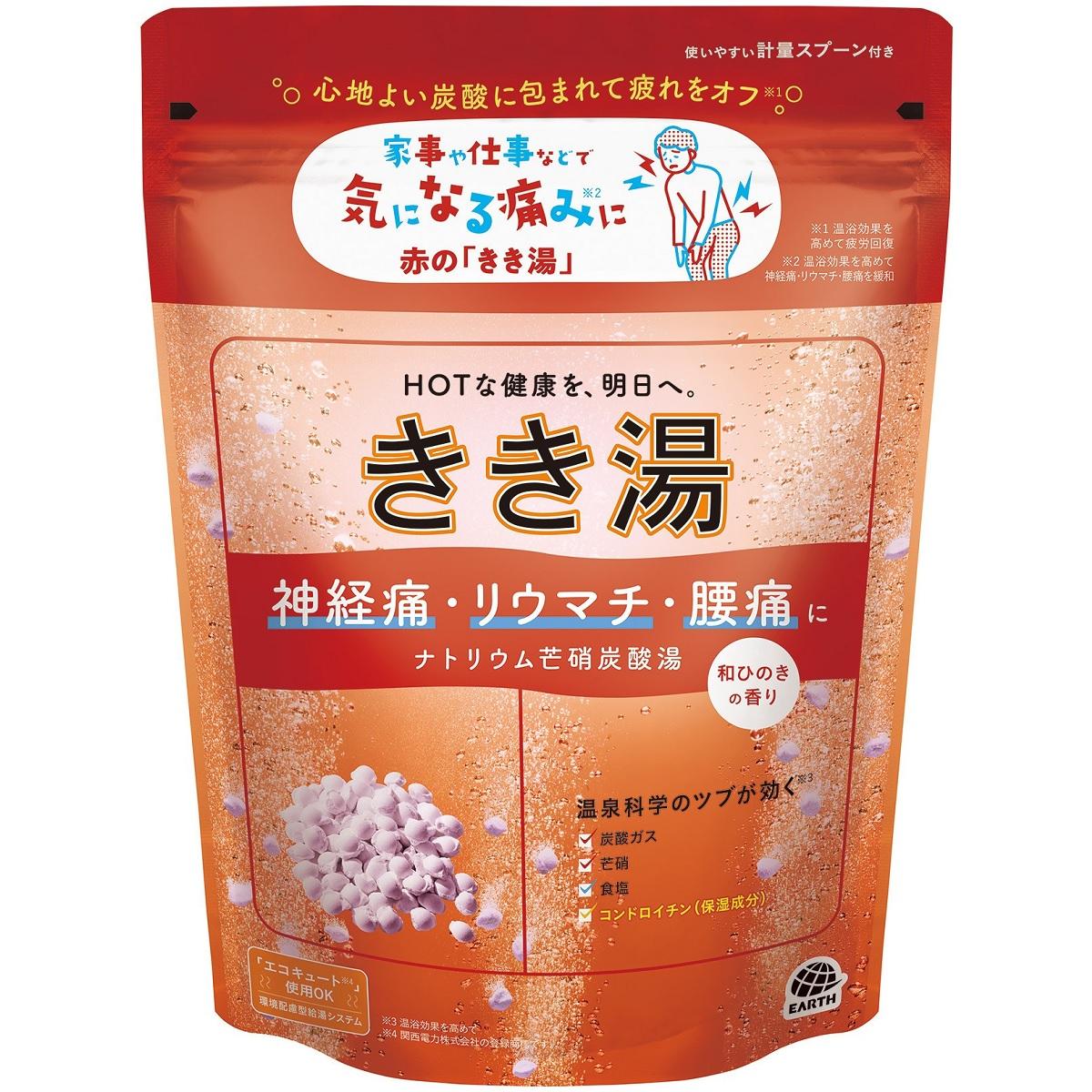 【返品種別A】□「返品種別」について詳しくはこちら□※仕様及び外観は改良のため予告なく変更される場合がありますので、最新情報はメーカーページ等にてご確認ください。◆HOTな健康を、明日へ。◆心地よい炭酸に包まれて疲れをオフ（※温浴効果を高めて疲労回復）◆家事や仕事などで気になる痛み（※温浴効果を高めて神経痛・リウマチ・腰痛を緩和）に赤の「きき湯」【頑張った1日の終わりに。】◆炭酸ガスと温泉ミネラル（※有効成分）が「神経痛・リウマチ・腰痛」を緩和して、たまった疲労感をいやします。（※温浴効果を高めて）コンドロイチン（保湿成分）配合。・炭酸ガス（温泉ガス）・食塩（温泉ミネラル）・芒硝（温泉ミネラル）・コンドロイチン（保湿成分）◆温泉科学のツブが効く（※温浴効果を高めて）◆赤ちゃん（生後3か月以上）と一緒に入浴する時も使えます。◆使いやすい計量スプーン付き◆みずみずしい和ひのきの香り◆琥珀色の湯（透明タイプ）■成分：有効成分：塩化Na、乾燥硫酸ナトリウム、炭酸水素Na、炭酸Naその他の成分：フマル酸、DL-リンゴ酸、コンドロイチン硫酸Na、L-グルタミン酸ナトリウム、コメヌカ油（リッチオリザ）、PEG（120）、PVP、軽質イソパラフィン、POE（カプリル・カプリン酸）グリセリル、酸化Mg、エチレンジアミンテトラPOE・POP、無水ケイ酸、BHT、香料、黄5、青2、赤106■商品区分：医薬部外品■販売名：きき湯CS-a■原産国：日本発売元、製造元、輸入元又は販売元：アース製薬商品区分：医薬部外品広告文責：株式会社Joshin(06-6633-1111)日用雑貨＞バス・トイレ・洗面＞バス＞入浴剤＞炭酸