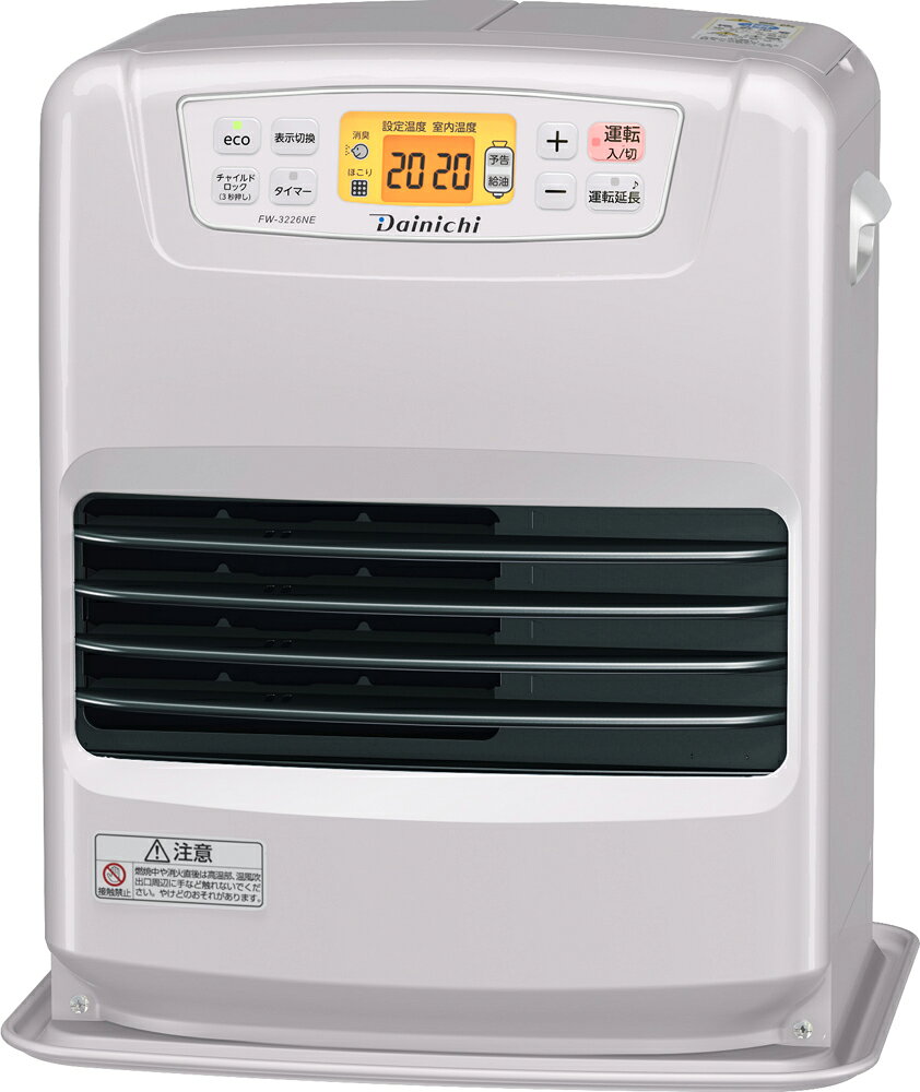 【返品種別A】□「返品種別」について詳しくはこちら□■新製品■2026年08月 発売メーカー保証期間 3年【石油ファンヒーターを長く、快適にお使い頂くために】・シリコン配合製品を使用しないシリコンを配合した製品（ヘアスプレーなどのヘアケア製品・化粧品・柔軟剤・つや出し剤など）を使用するとシリコンが本体内に吸収され着火しない、途中消火などの症状の原因となります。ファンヒーターをご使用のお部屋ではシリコン配合製品はご使用にならないようお願いいたします。※ヘアケア製品を塗布した髪を乾かさずに石油ファンヒーターをご使用の部屋に戻り、自然に乾いた場合や柔軟剤を使用した洗濯物を石油ファンヒーター使用中の部屋で部屋干しした場合にも可能性があります。・新しい灯油を使用し、正しく保管変質灯油（昨年から持ち越した灯油など）や不純物（水やゴミ）が混入した灯油などは使用しないで下さい。異常燃焼や故障の原因になります。新しい灯油を使用し、保管の際は紫外線を通しにくい色つきの灯油ポリタンクで、火気・雨水・ごみ・高温・日光を避けた場所に置きましょう。※これらの原因による故障の場合は保証期間内であっても有償修理となります。◆35秒スピード着火ですばやく暖める保温なし、運転ボタンを押したらわずか35秒で着火。お部屋をすばやく暖めます。◆秒速消臭システムプレミアムでニオイ少なく快適にバーナの高温時間を長くすることで、ニオイの元である燃え残ったガスをしっかりと燃やしきります。もともと少ないニオイがさらに少なく快適です。◆ecoおまかせモード(一時消火機能なし)で省エネ状況に応じて燃焼を賢くセーブすることで、灯油代を節約しながら快適にお部屋を暖めます。◆ワンタッチ汚れんキャップが給油作業を快適にワンタッチでカンタンにキャップの開け閉めができます。◆オレンジ液晶が見やすい液晶が明るく見やすいです。※文字盤は光りません。◆給油モニターで給油のタイミングをチェック灯油がなくなり消火する前に、予告サインで給油をお知らせします。■　仕　様　■暖房の目安…　・木造：9畳(15m2)まで　・コンクリート：12畳(20m2)まで暖房出力(最大〜最小)：3.20〜0.74 kW燃料消費量(最大〜最小)：0.311〜0.072 L/h給油タンク容量：5.0L本体寸法：幅371×奥行299×高さ429mm本体質量：7.5kg消費電力(50/60Hz)…　・点火時：370/370 W　・燃焼時(強〜弱)：98/98〜52/52 W　・待機時：1.0/1.0 W燃焼継続時間(強〜弱)：16.1〜69.4 時間運転音(強/弱)：35/24 dB[FW3226NEH]ダイニチシーズン・空調家電＞石油・ガス暖房機＞石油ファンヒーター＞木造10畳用まで・まごころ長期修理保証(保証5年)［加入料：対象商品代金の5%］商品「FW-3226NE-H」専用加入料(※加入料のみ注文不可)※対象商品と専用加入料を分けてのご注文は承れません。上記リンク先の専用加入料と一緒にご注文して下さい。※長期修理保証についての詳細・注意事項はこちらのページをご一読下さい。